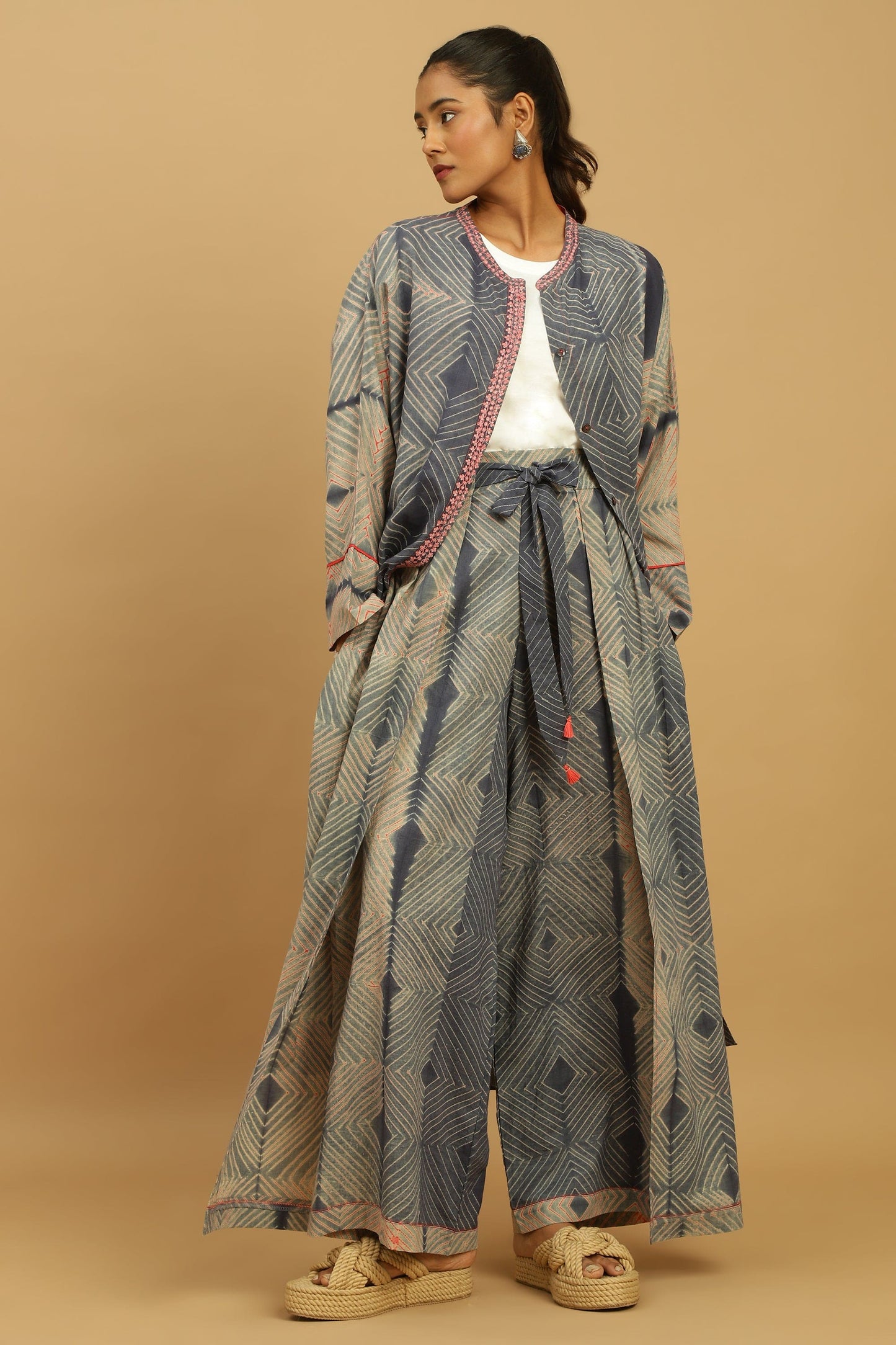 CORAL GREY INDIGO SHIBORI TUNIC JACKET SET