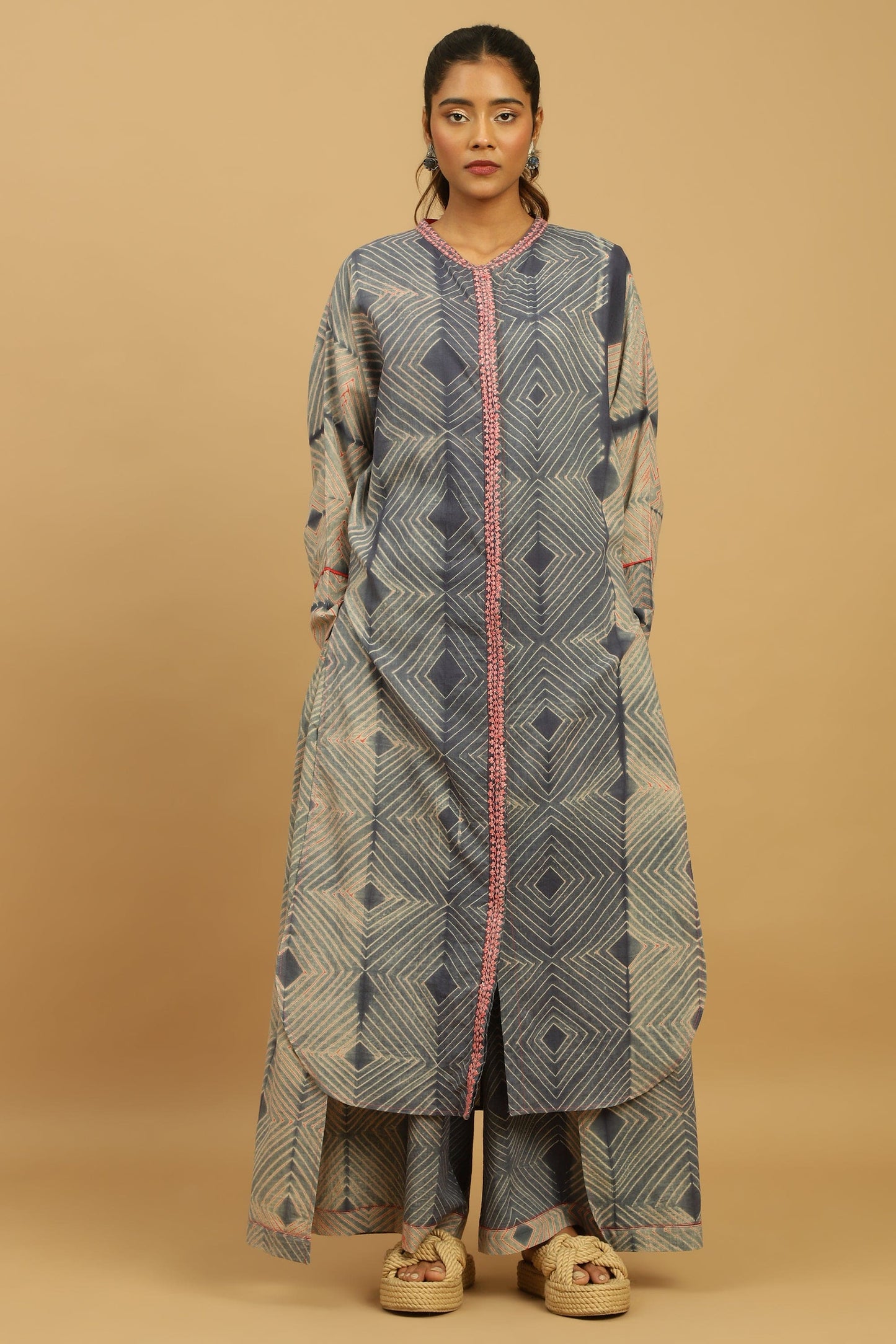 CORAL GREY INDIGO SHIBORI TUNIC JACKET SET
