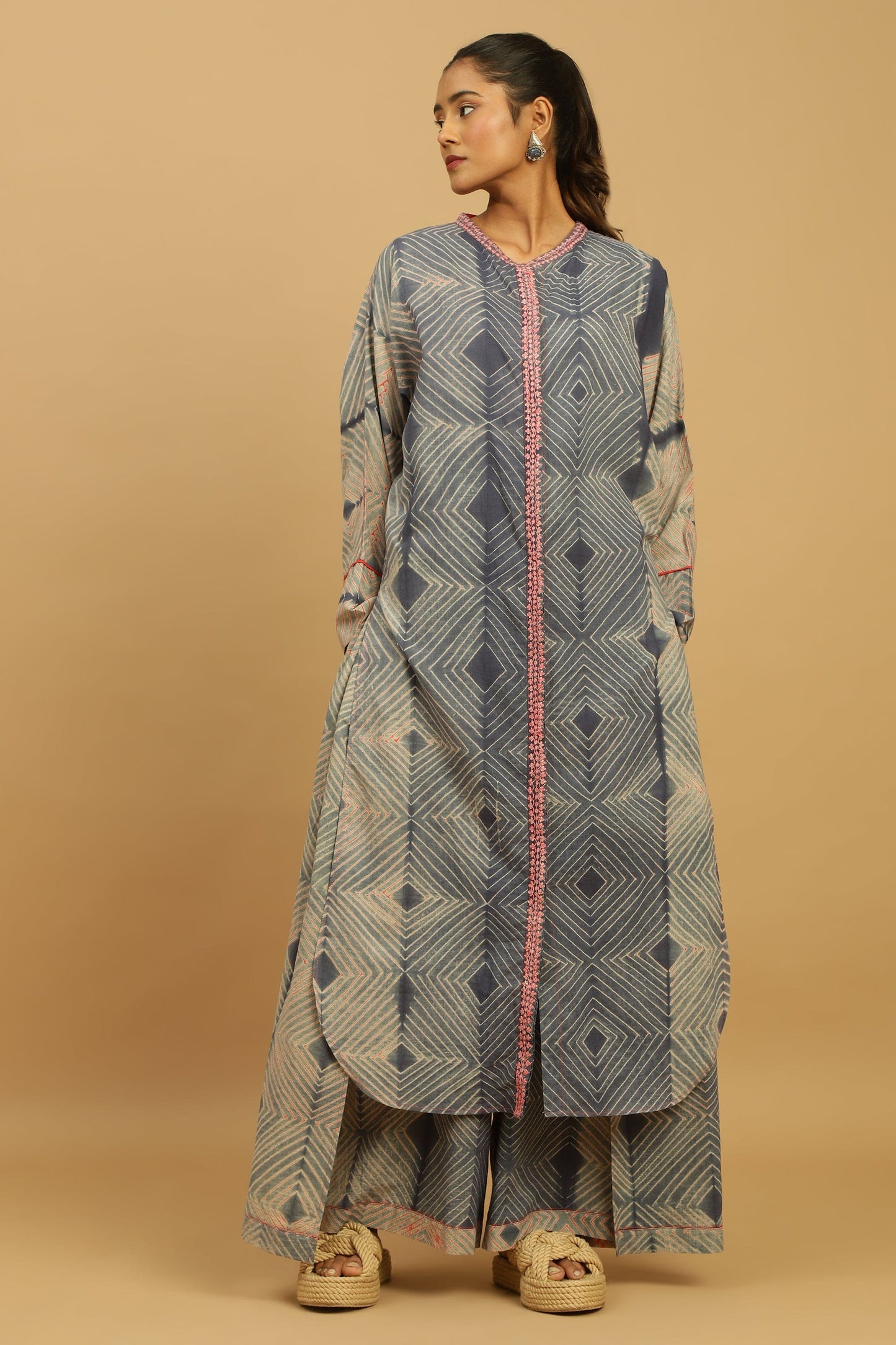 CORAL GREY INDIGO SHIBORI TUNIC JACKET SET
