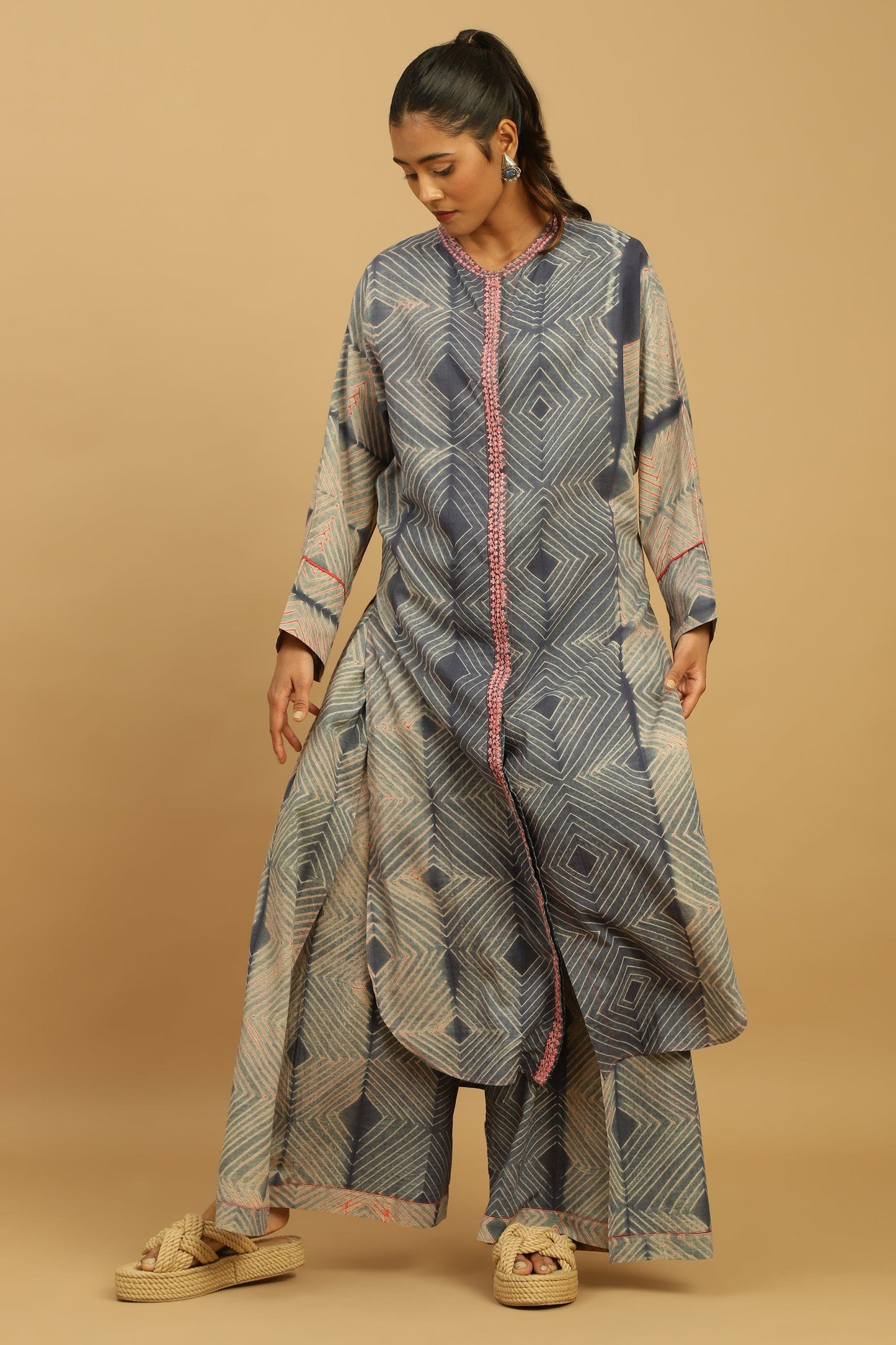 CORAL GREY INDIGO SHIBORI TUNIC JACKET SET