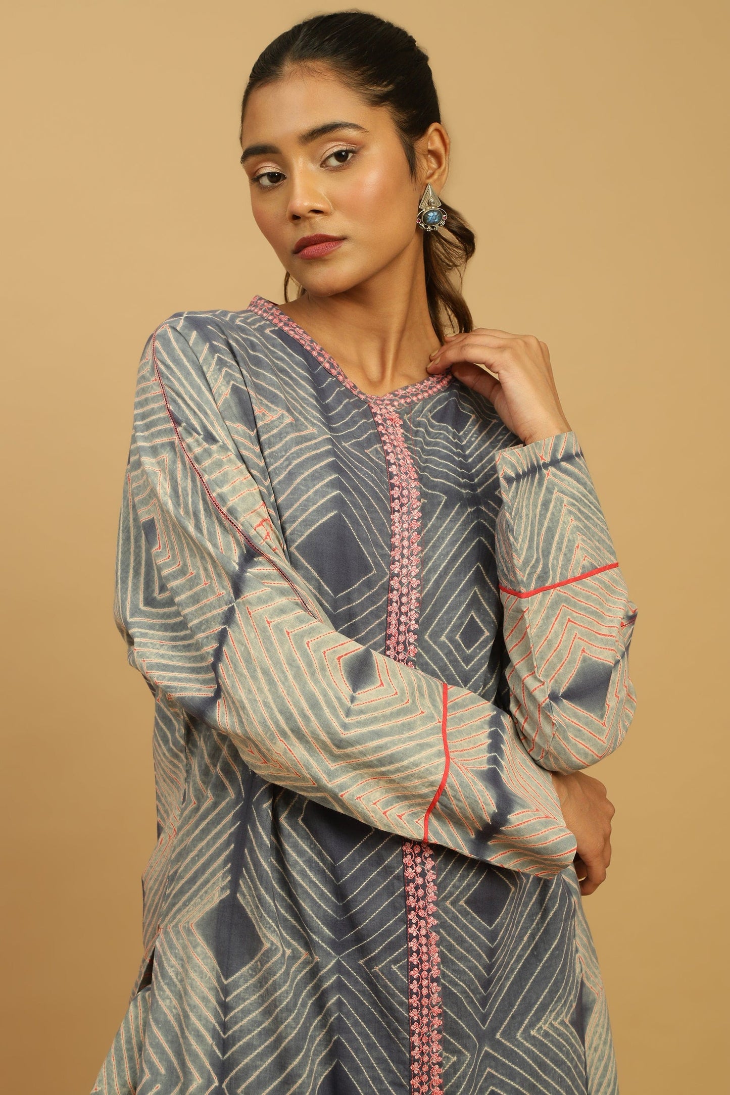 CORAL GREY INDIGO SHIBORI TUNIC JACKET SET