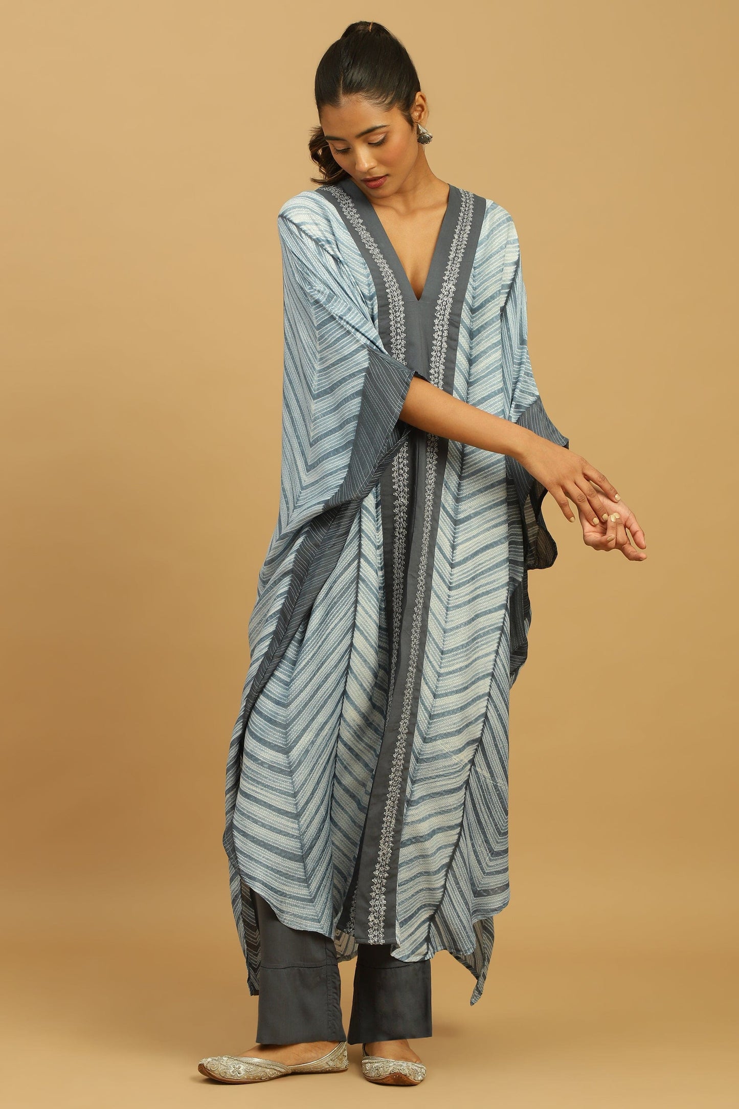 LIGHT INDIGO COTTON SILK SHIBORI KAFTAN SET