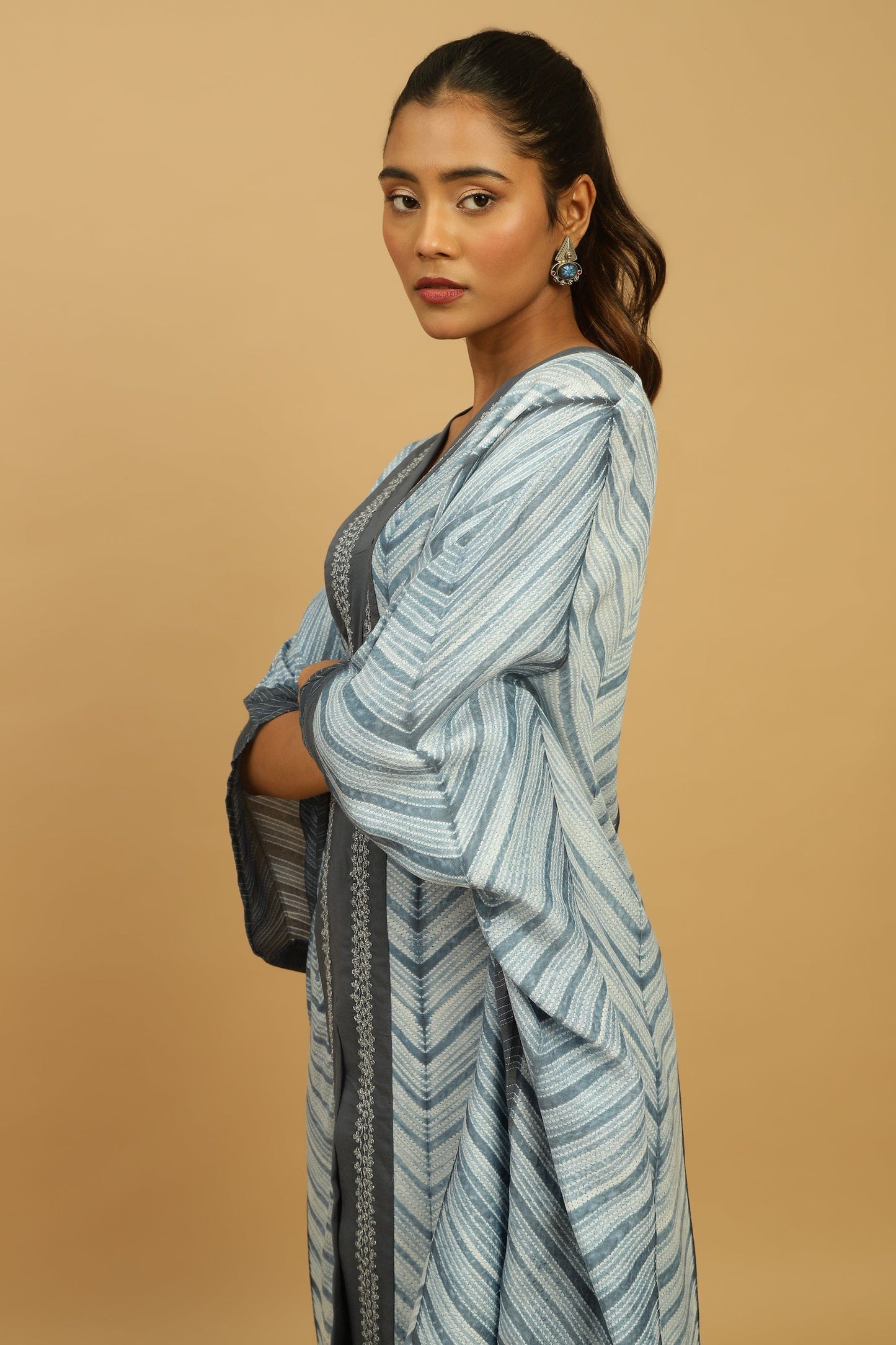 LIGHT INDIGO COTTON SILK SHIBORI KAFTAN SET