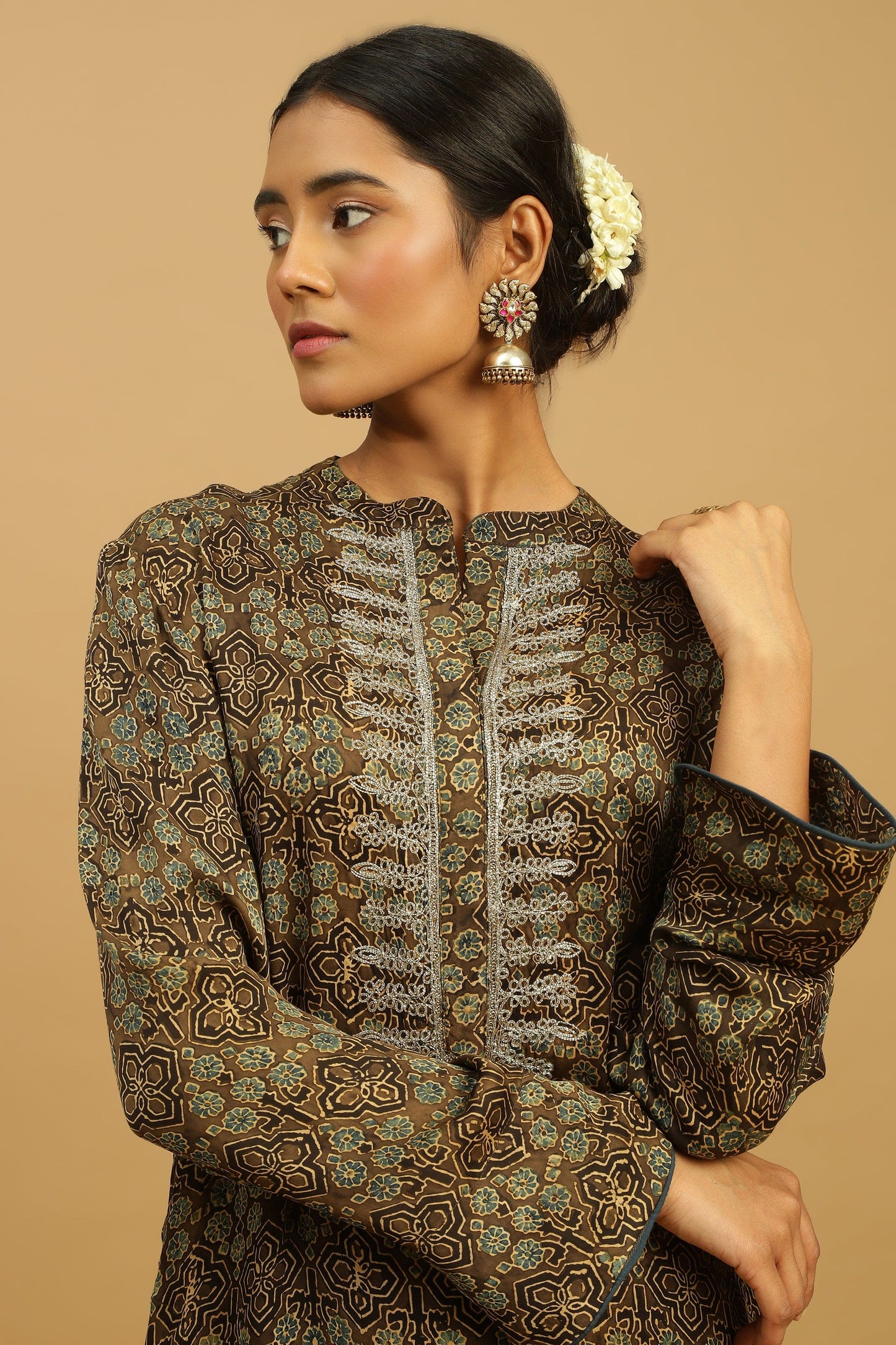 TAUPE JAAL COTTON SILK AJRAKH TUNIC SET