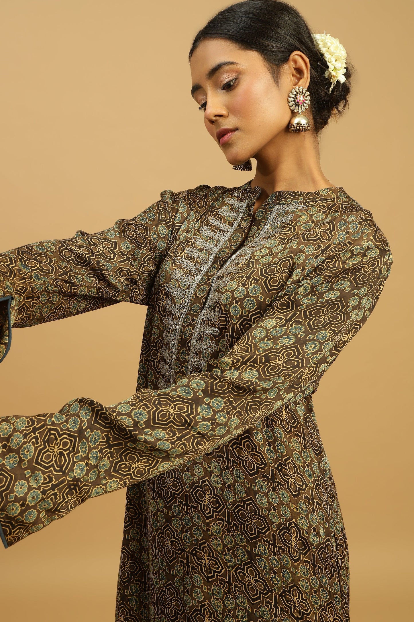 TAUPE JAAL COTTON SILK AJRAKH TUNIC SET