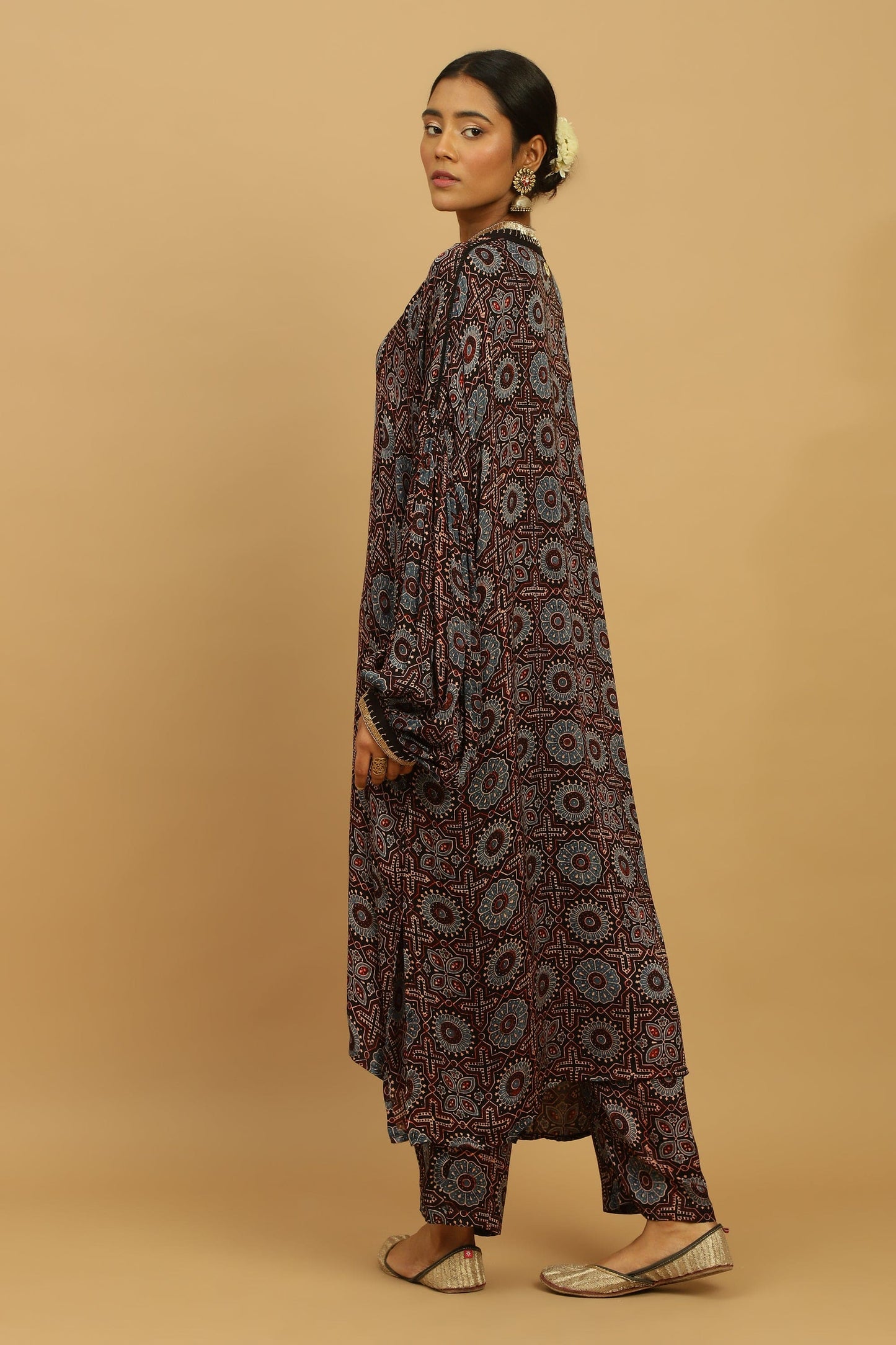 CHOCOLATE PHOOL BLUE COTTON SILK AJRAKH TUNIC SET