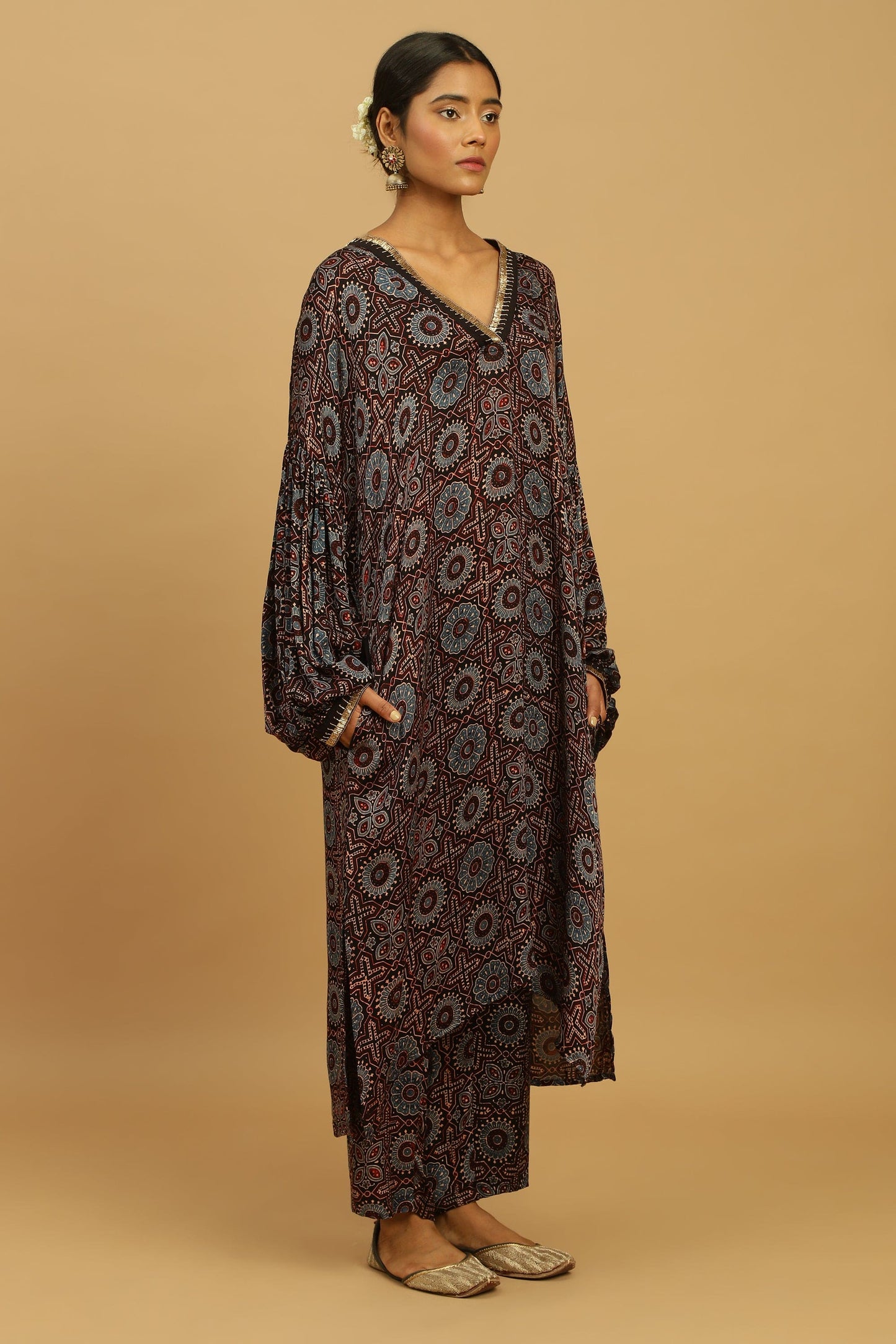 CHOCOLATE PHOOL BLUE COTTON SILK AJRAKH TUNIC SET