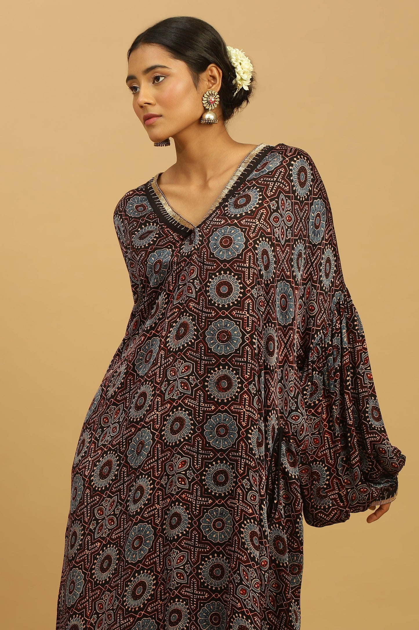 CHOCOLATE PHOOL BLUE COTTON SILK AJRAKH TUNIC SET