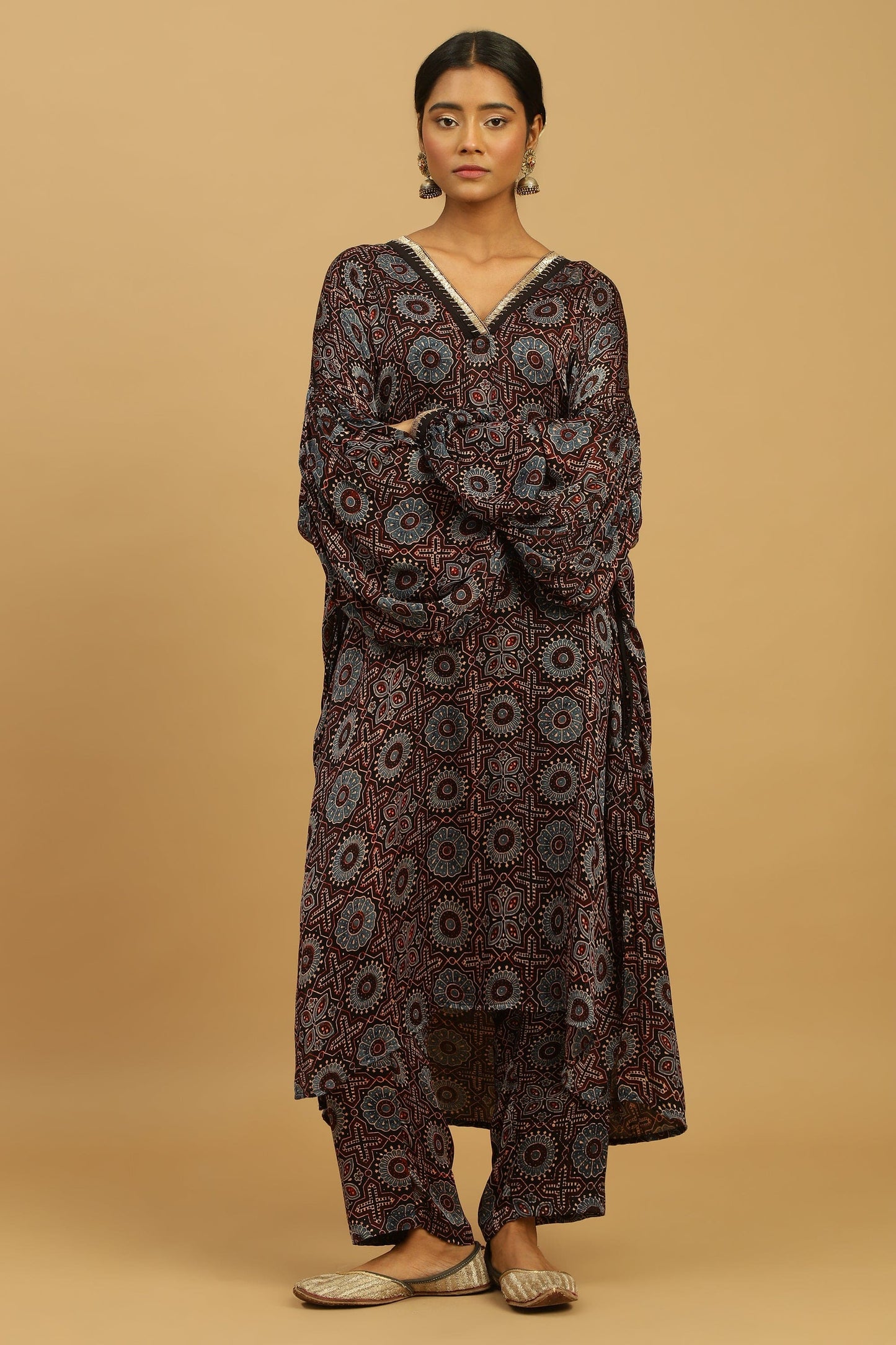 CHOCOLATE PHOOL BLUE COTTON SILK AJRAKH TUNIC SET
