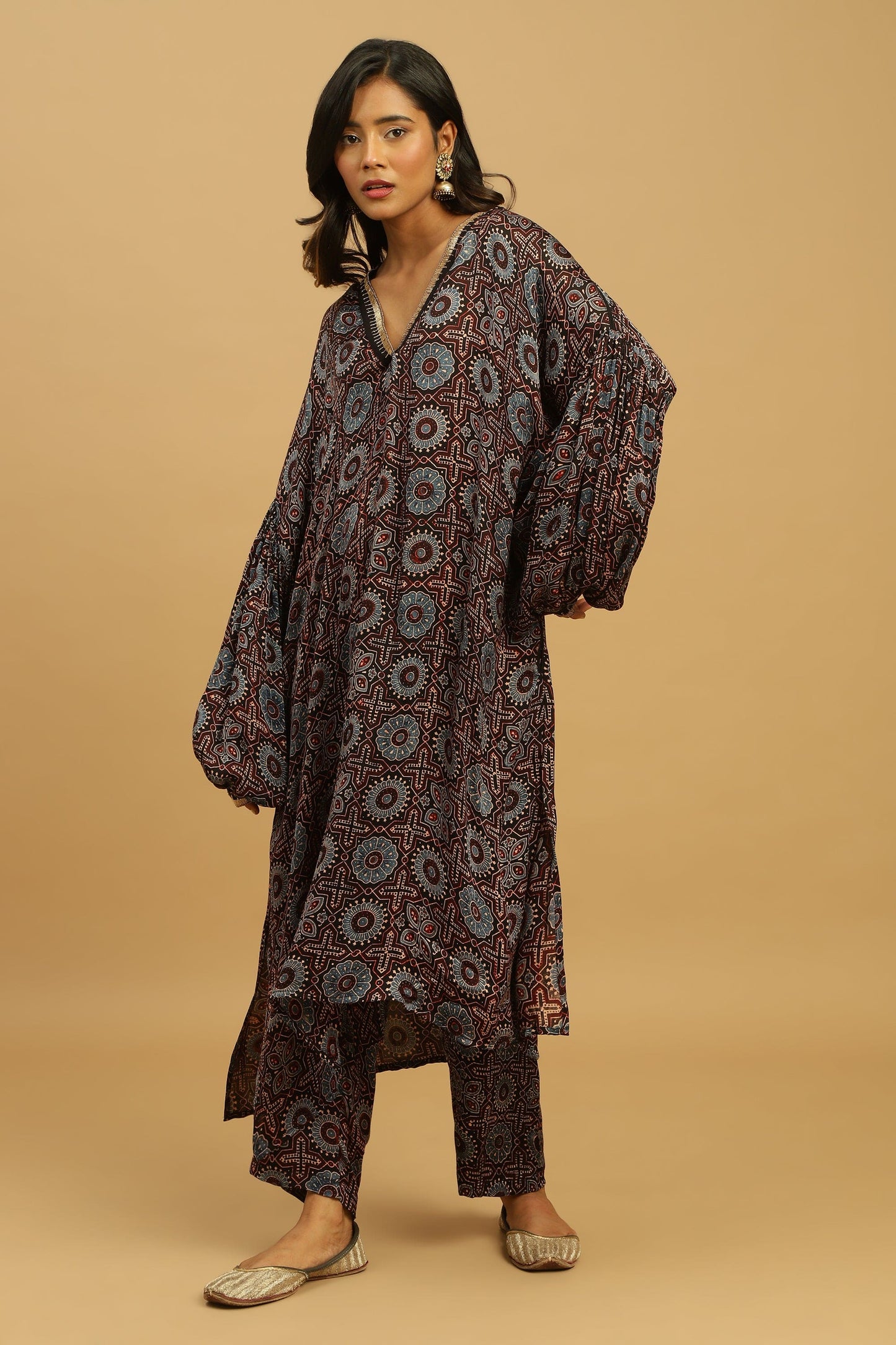 CHOCOLATE PHOOL BLUE COTTON SILK AJRAKH TUNIC SET