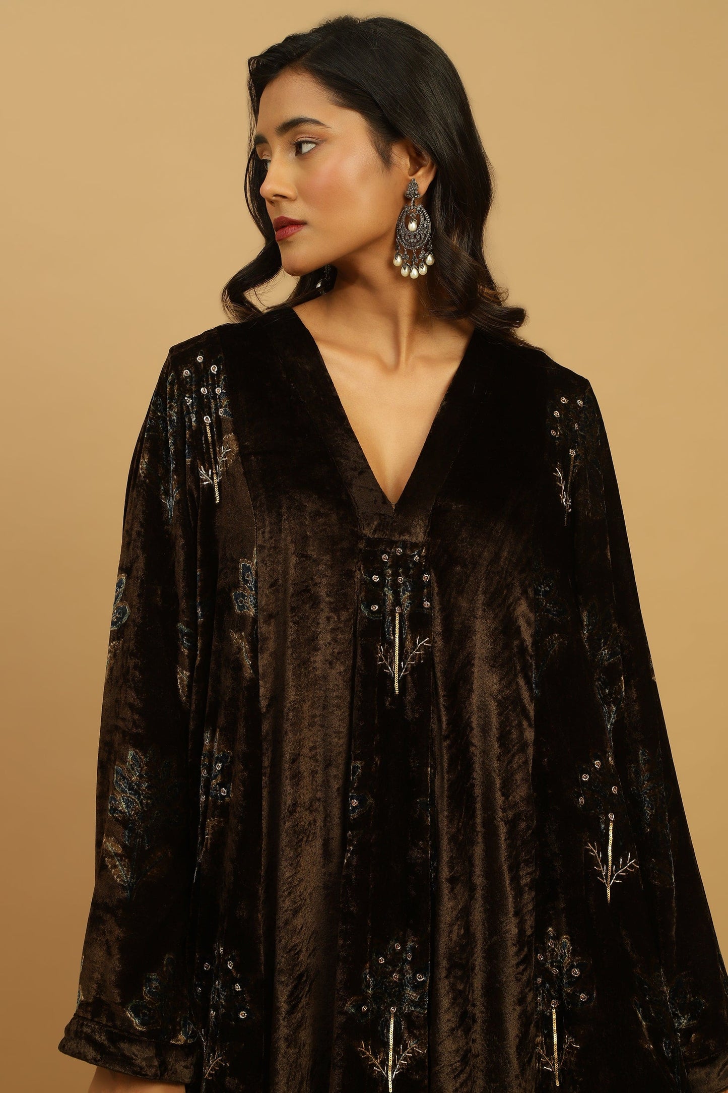 CHOCOLATE BOOTIE VELVET AJRAKH TUNIC SET