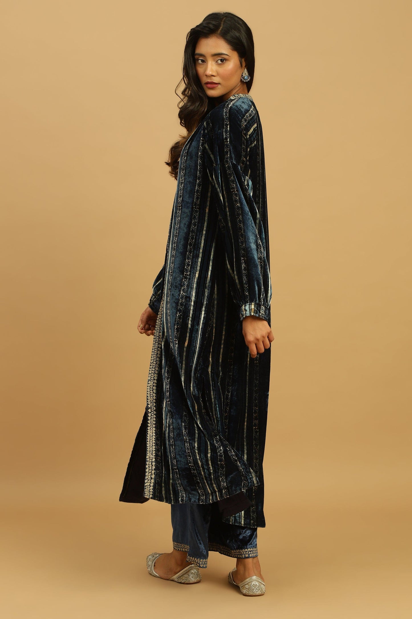 INDIGO PAISLEY STRIPES VELVET AJRAKH TUNIC JACKET SET
