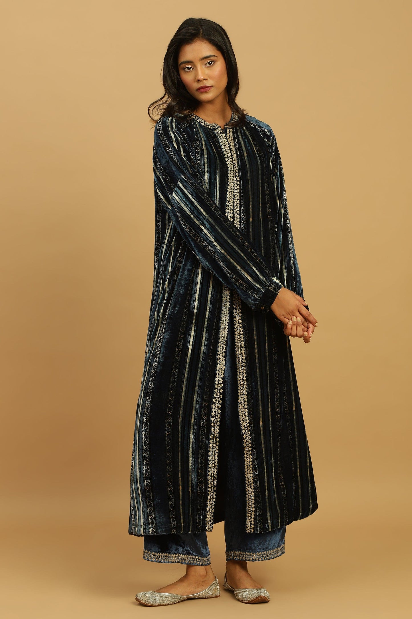 INDIGO PAISLEY STRIPES VELVET AJRAKH TUNIC JACKET SET