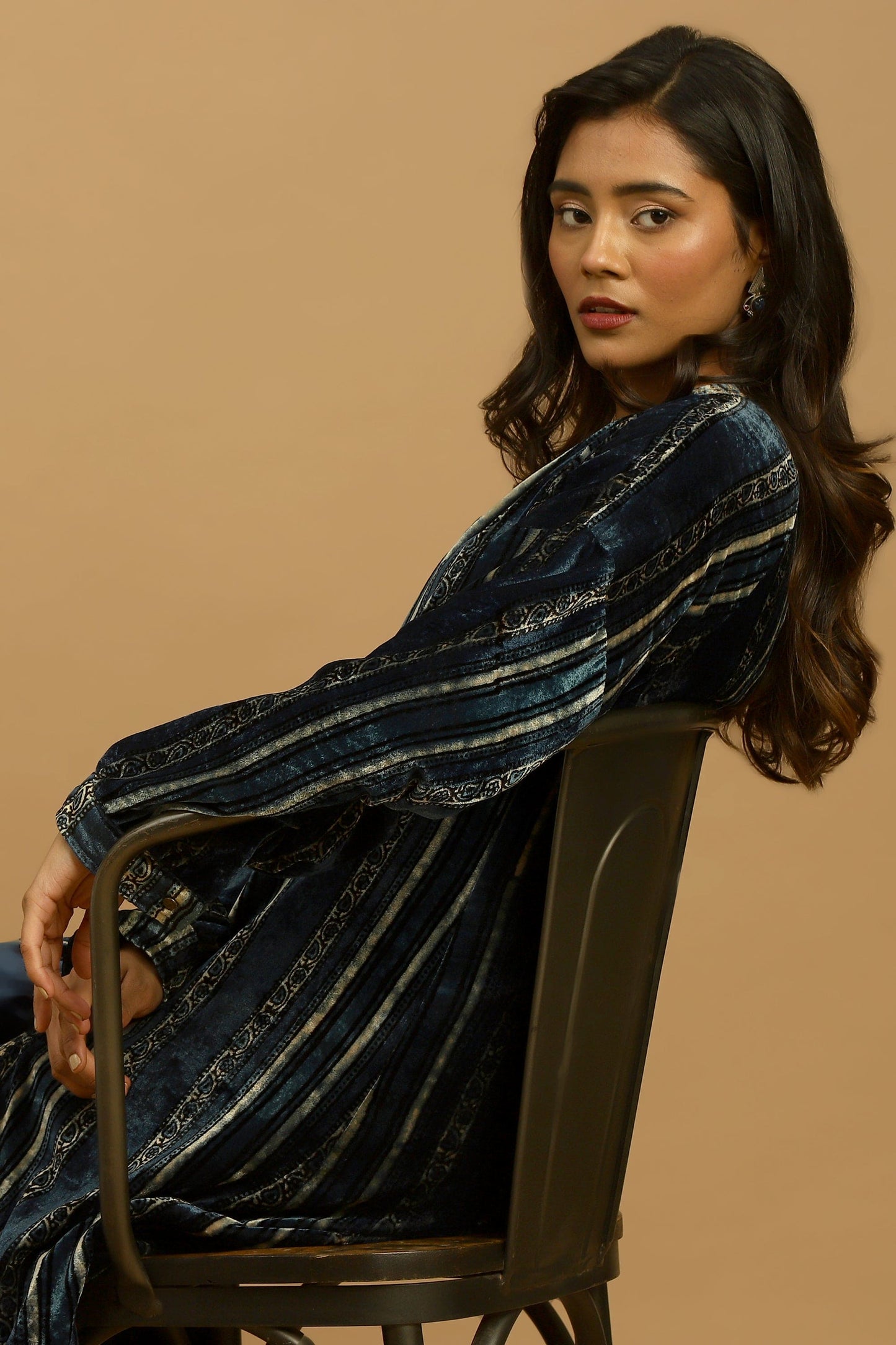 INDIGO PAISLEY STRIPES VELVET AJRAKH TUNIC JACKET SET