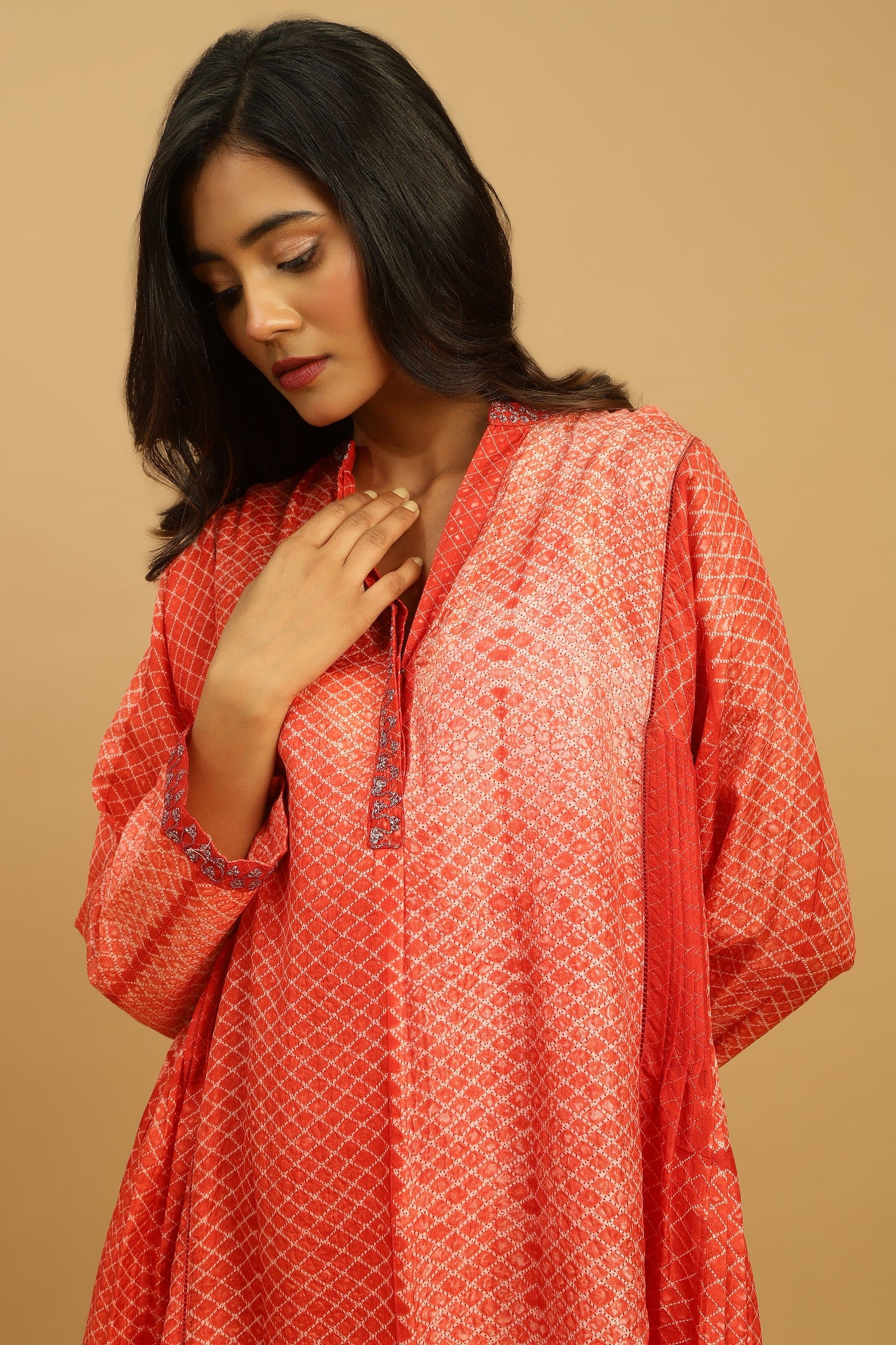 RED SILK SHIBORI TUNIC SET
