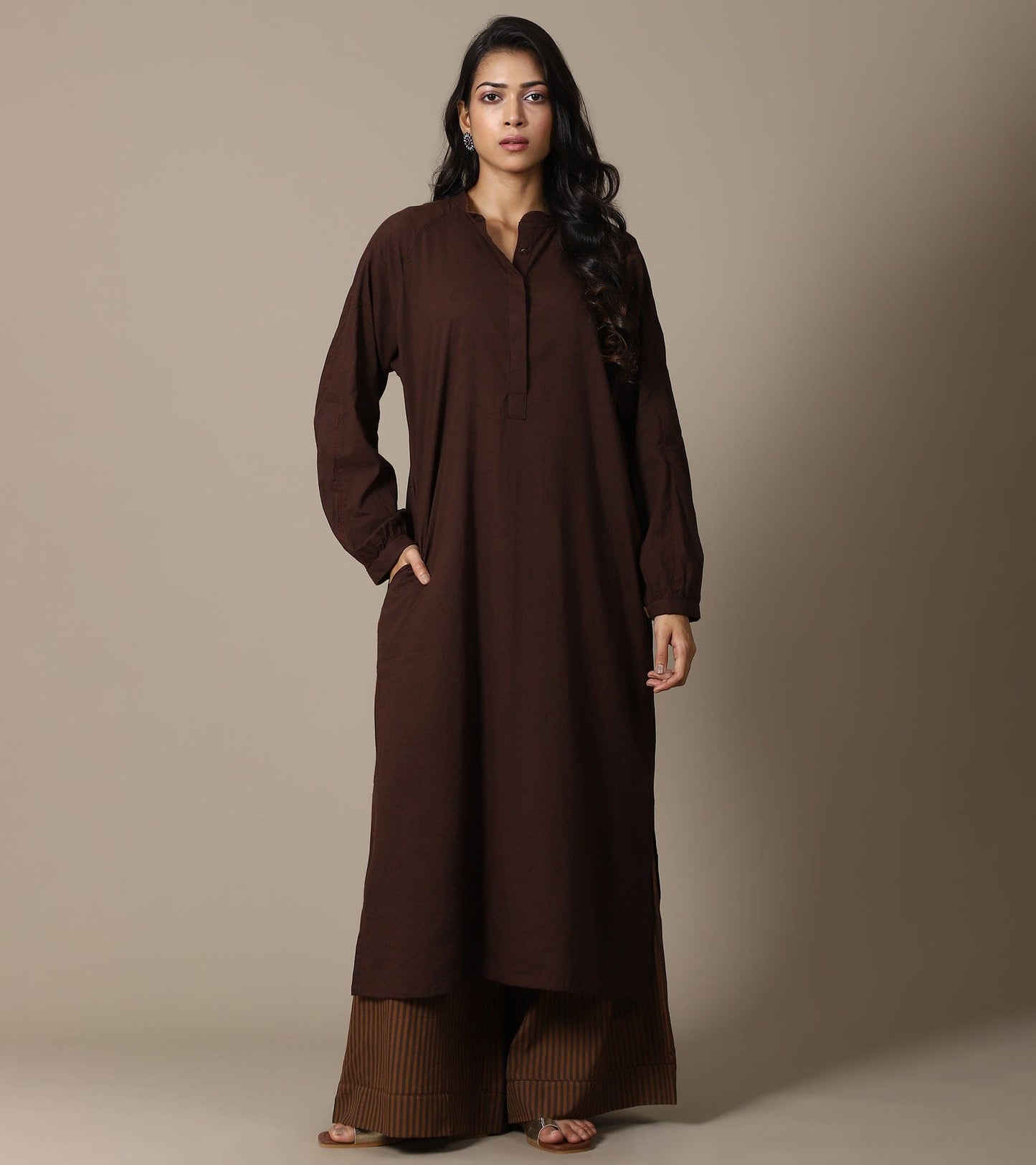 ORGANIC BROWN TUNIC AND STRIPE PANTS SET
