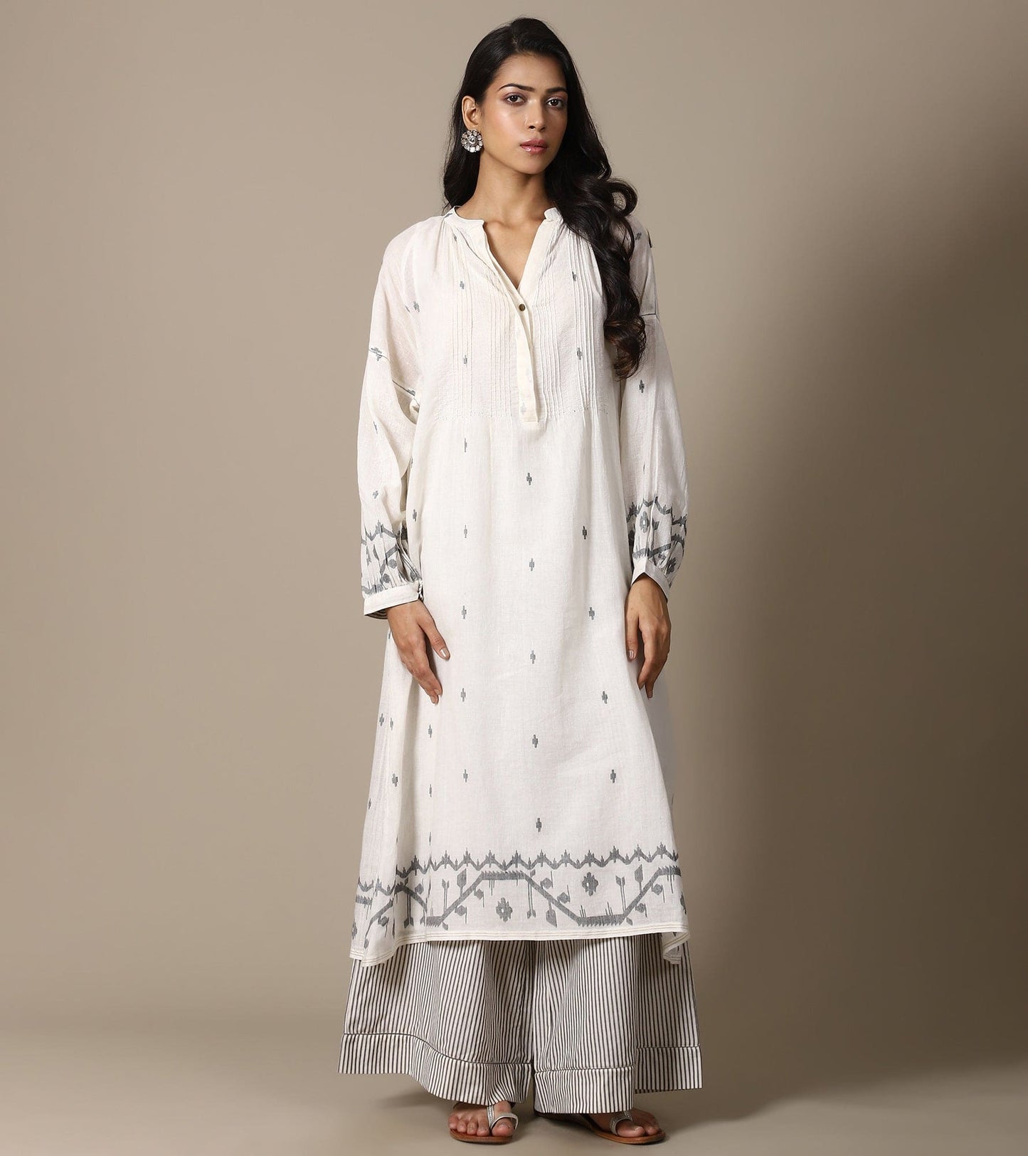 ECRU JAMDANI TUNIC AND STRIPE PANTS SET