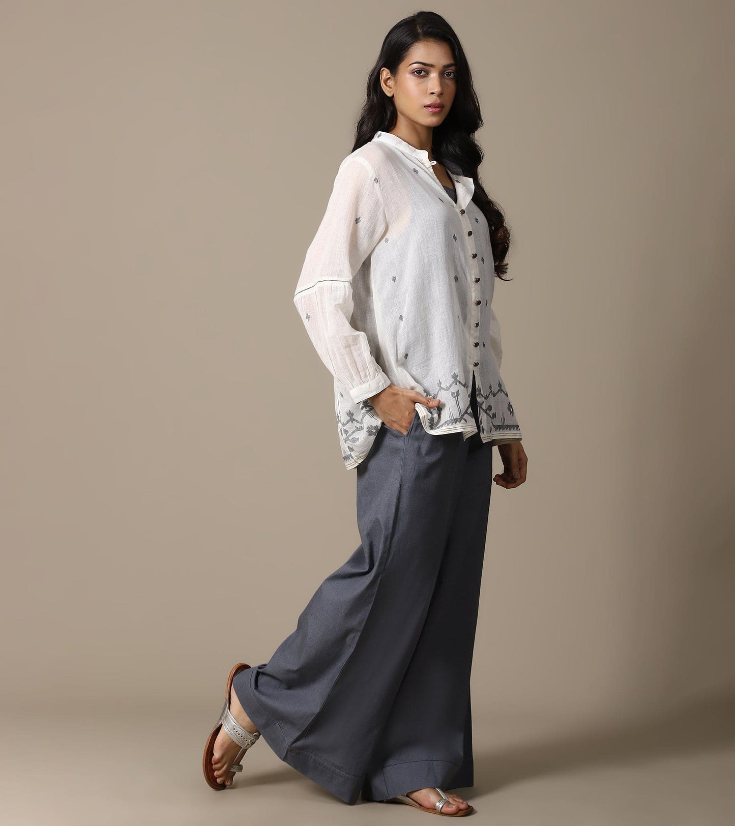 ECRU JAMDANI TOP AND CHAMBRAY PANTS