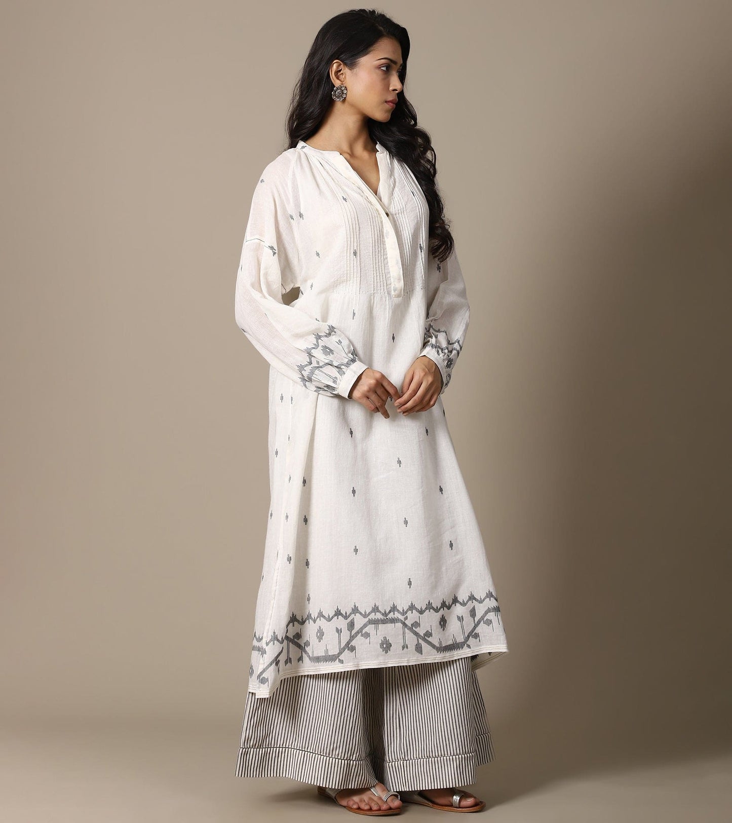 ECRU JAMDANI TUNIC AND STRIPE PANTS SET