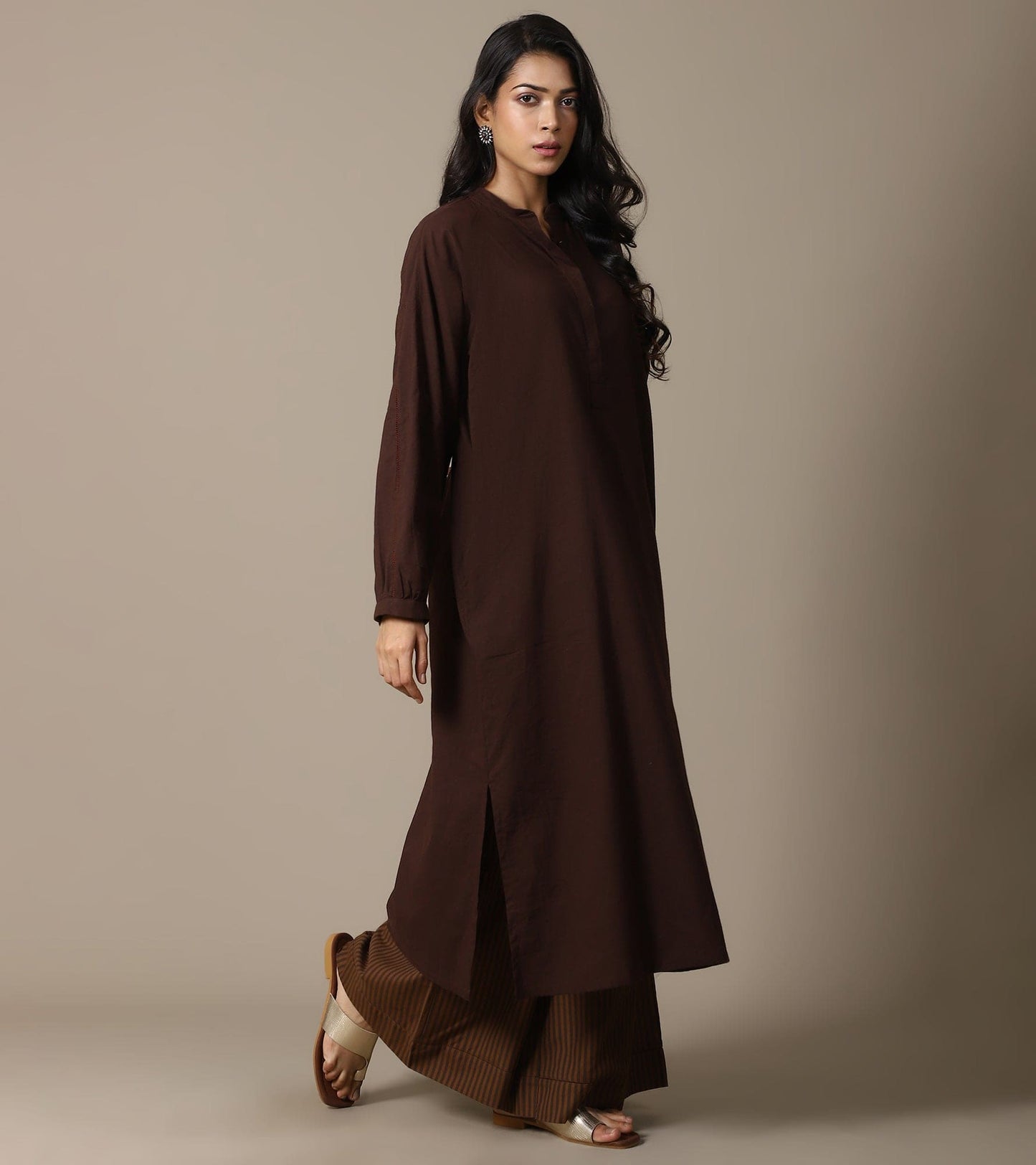 ORGANIC BROWN TUNIC AND STRIPE PANTS SET