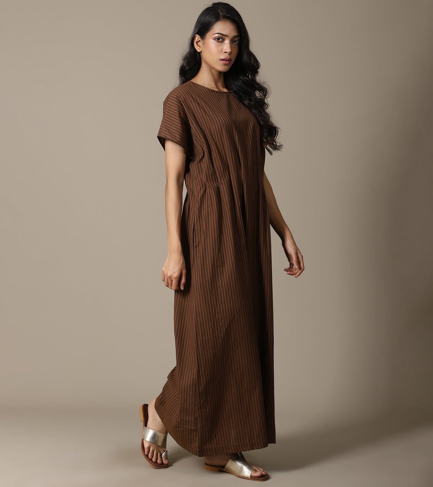 ORGANIC BROWN STRIPE PLEAT DRESS