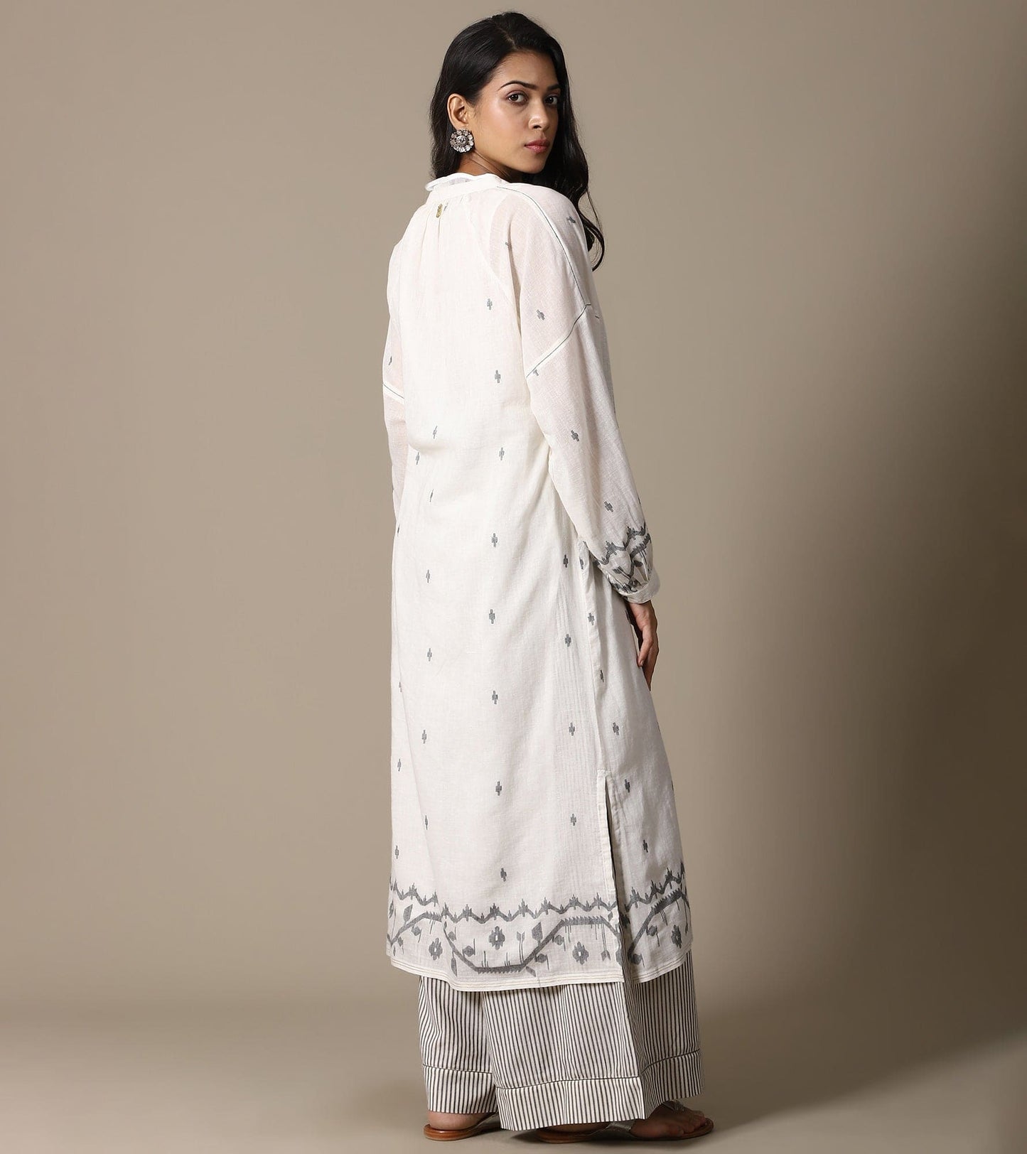 ECRU JAMDANI TUNIC AND STRIPE PANTS SET