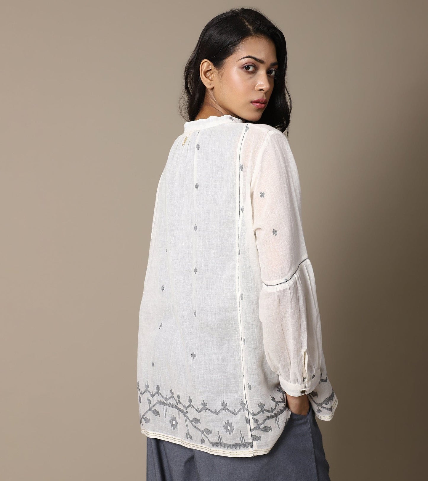 ECRU JAMDANI TOP AND CHAMBRAY PANTS