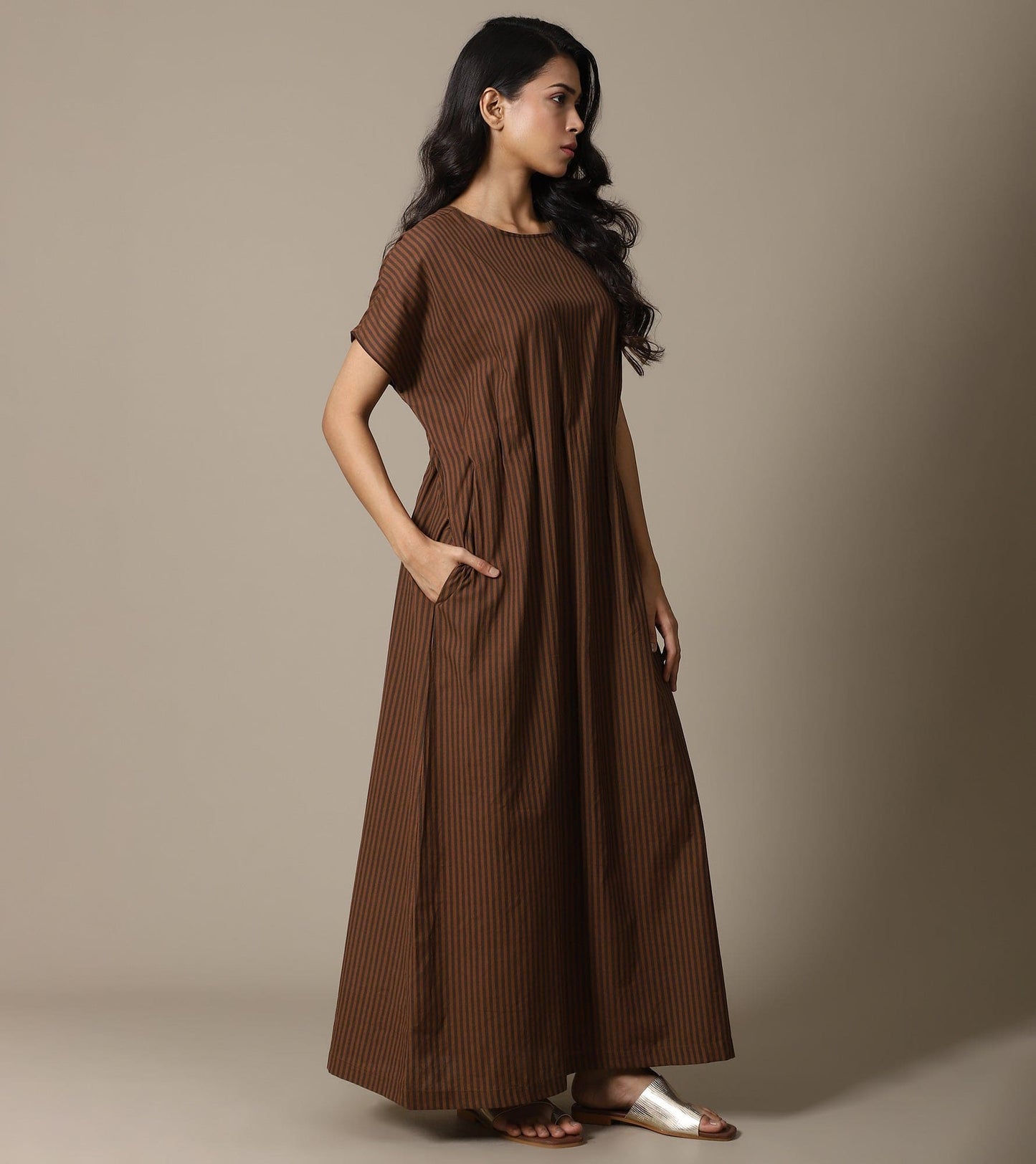 ORGANIC BROWN STRIPE PLEAT DRESS