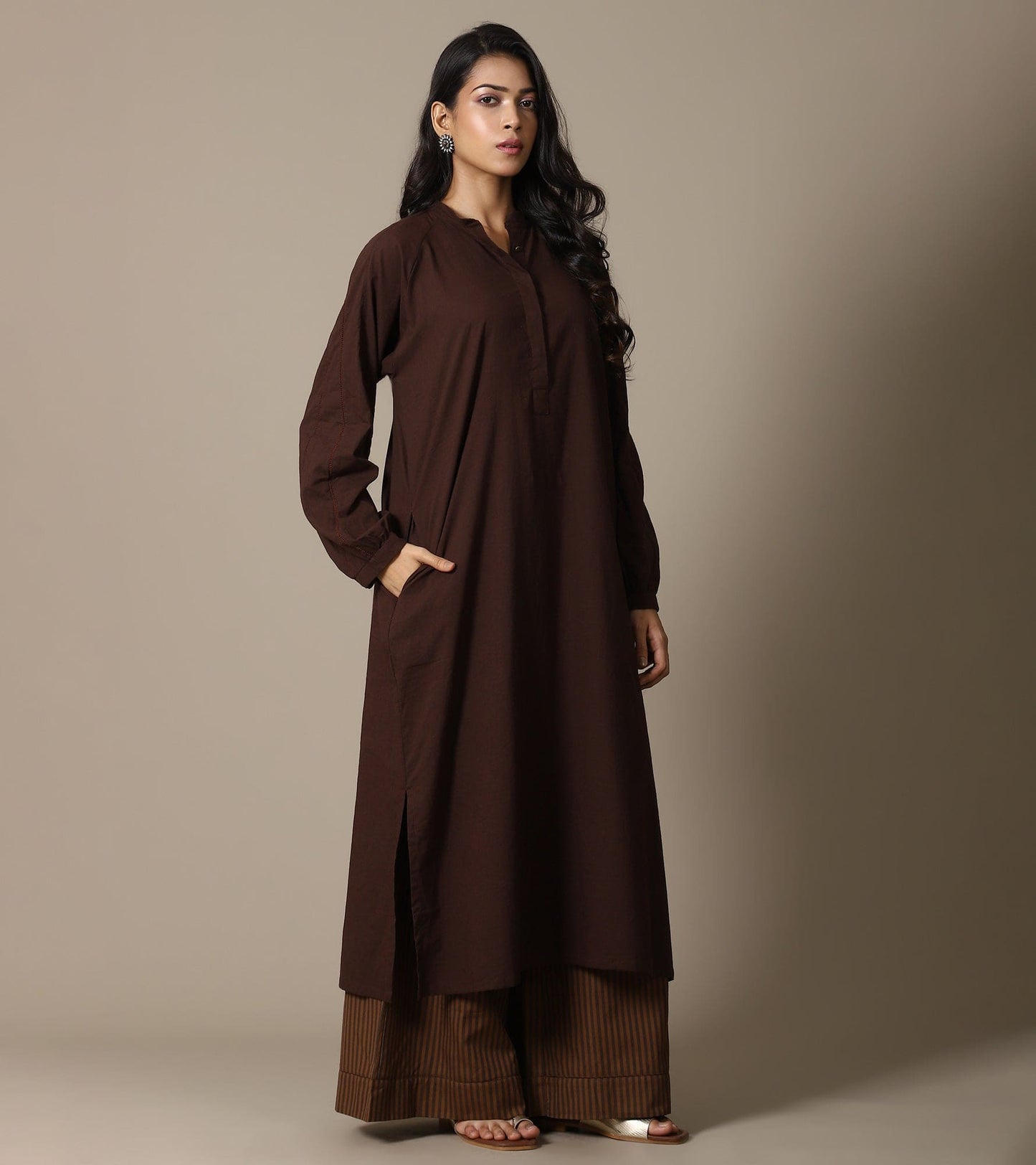 ORGANIC BROWN TUNIC AND STRIPE PANTS SET