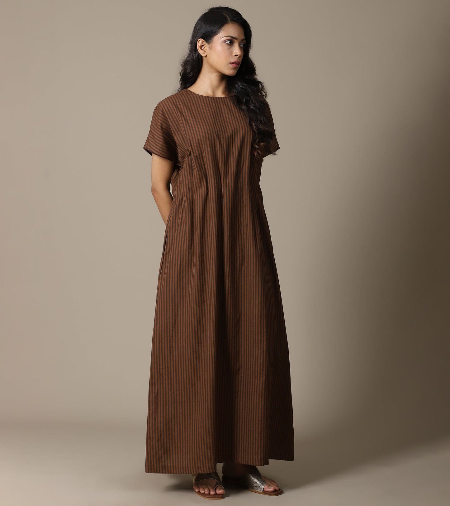 ORGANIC BROWN STRIPE PLEAT DRESS