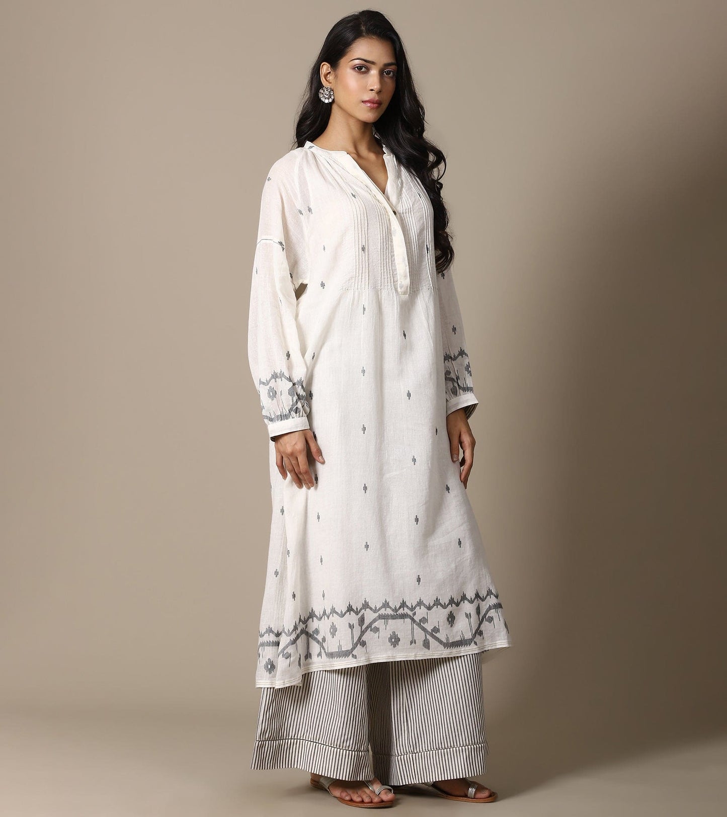 ECRU JAMDANI TUNIC AND STRIPE PANTS SET