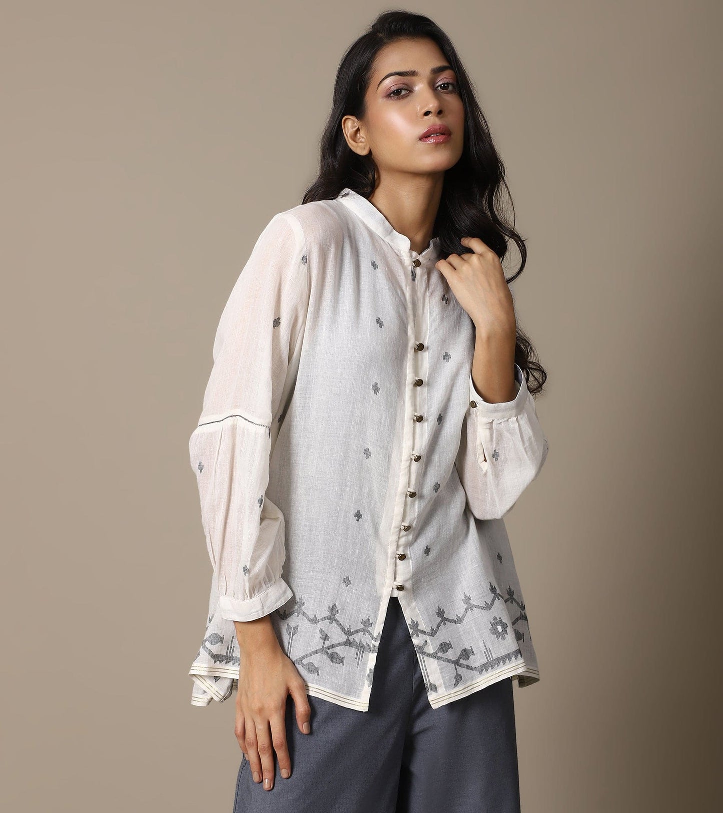 ECRU JAMDANI TOP AND CHAMBRAY PANTS