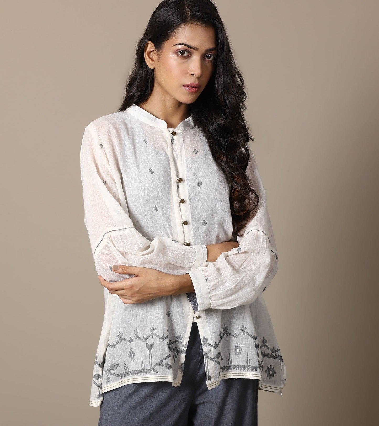 ECRU JAMDANI TOP AND CHAMBRAY PANTS