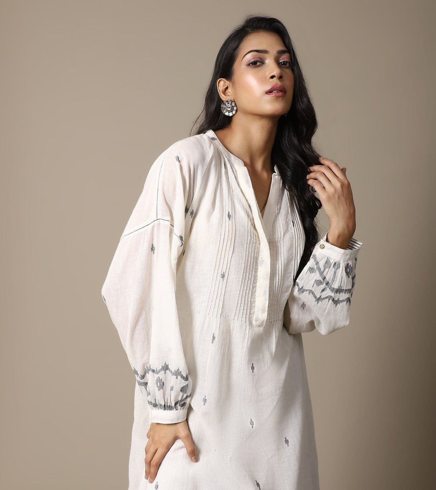 ECRU JAMDANI TUNIC AND STRIPE PANTS SET