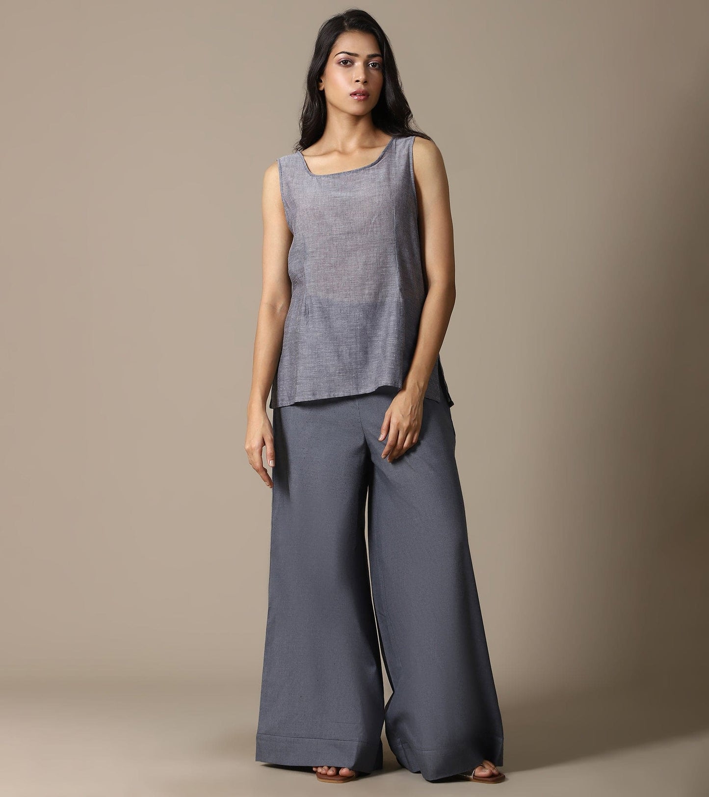 ECRU JAMDANI TOP AND CHAMBRAY PANTS