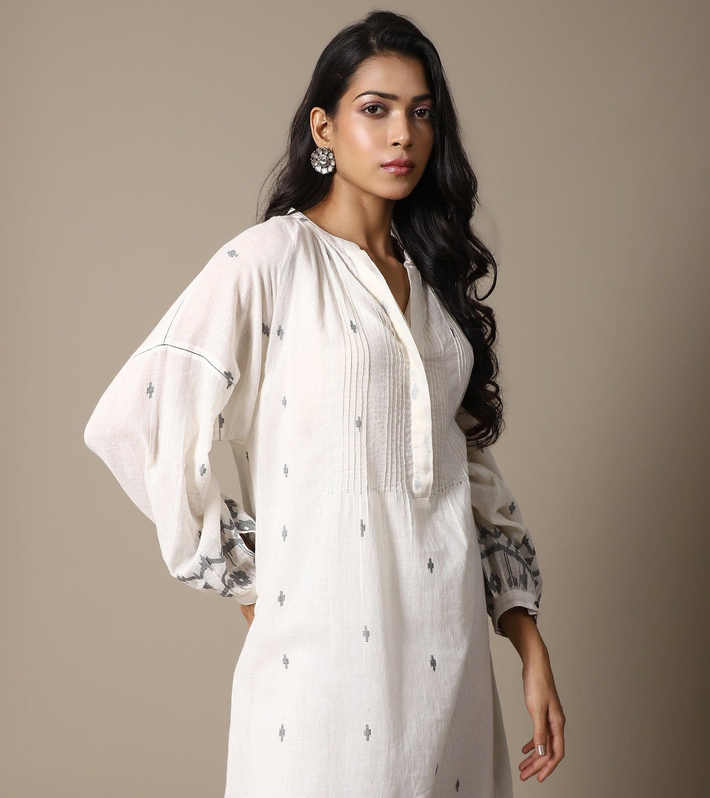 ECRU JAMDANI TUNIC AND STRIPE PANTS SET