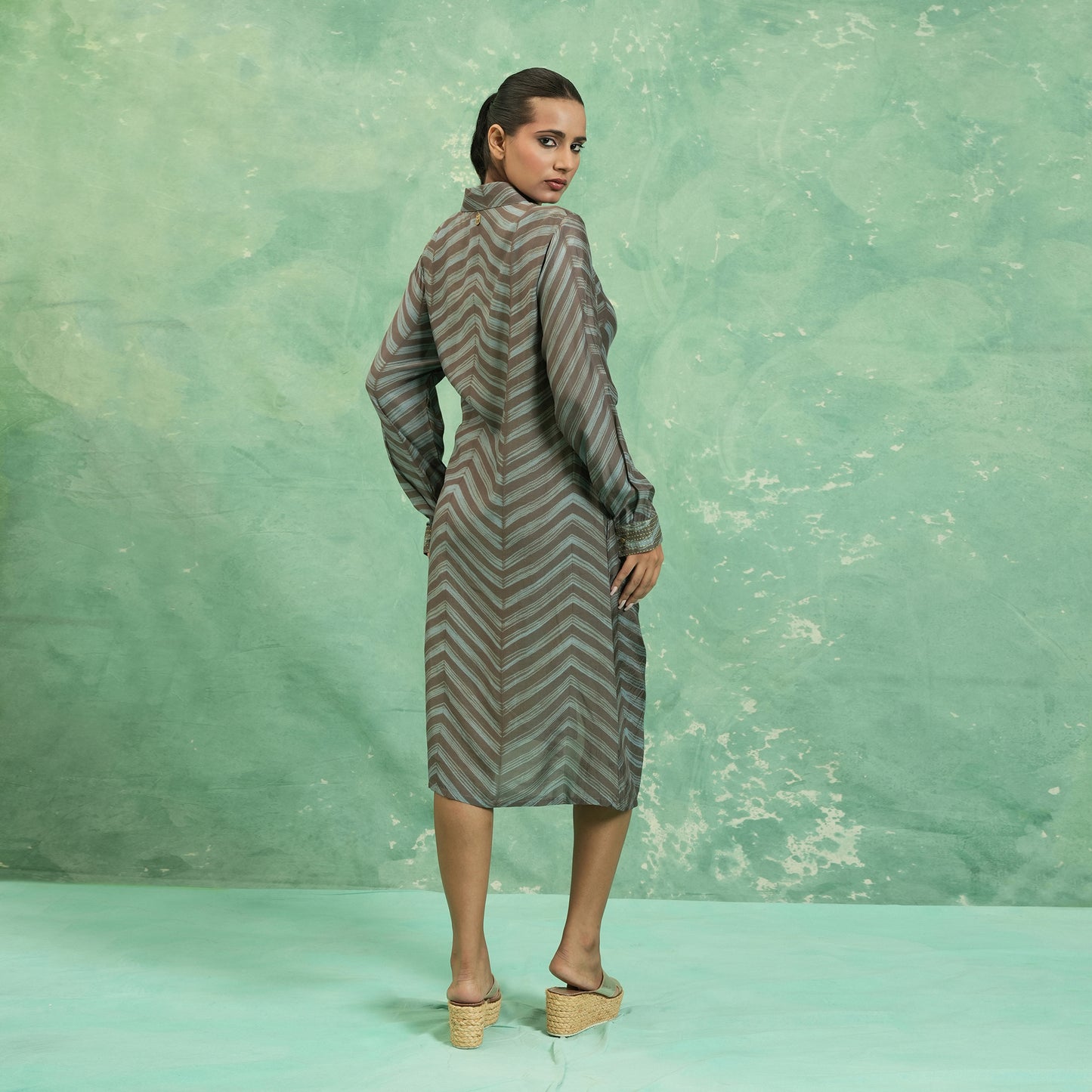 COTTON SILK TEAL SHIBORI WRAP DRESS