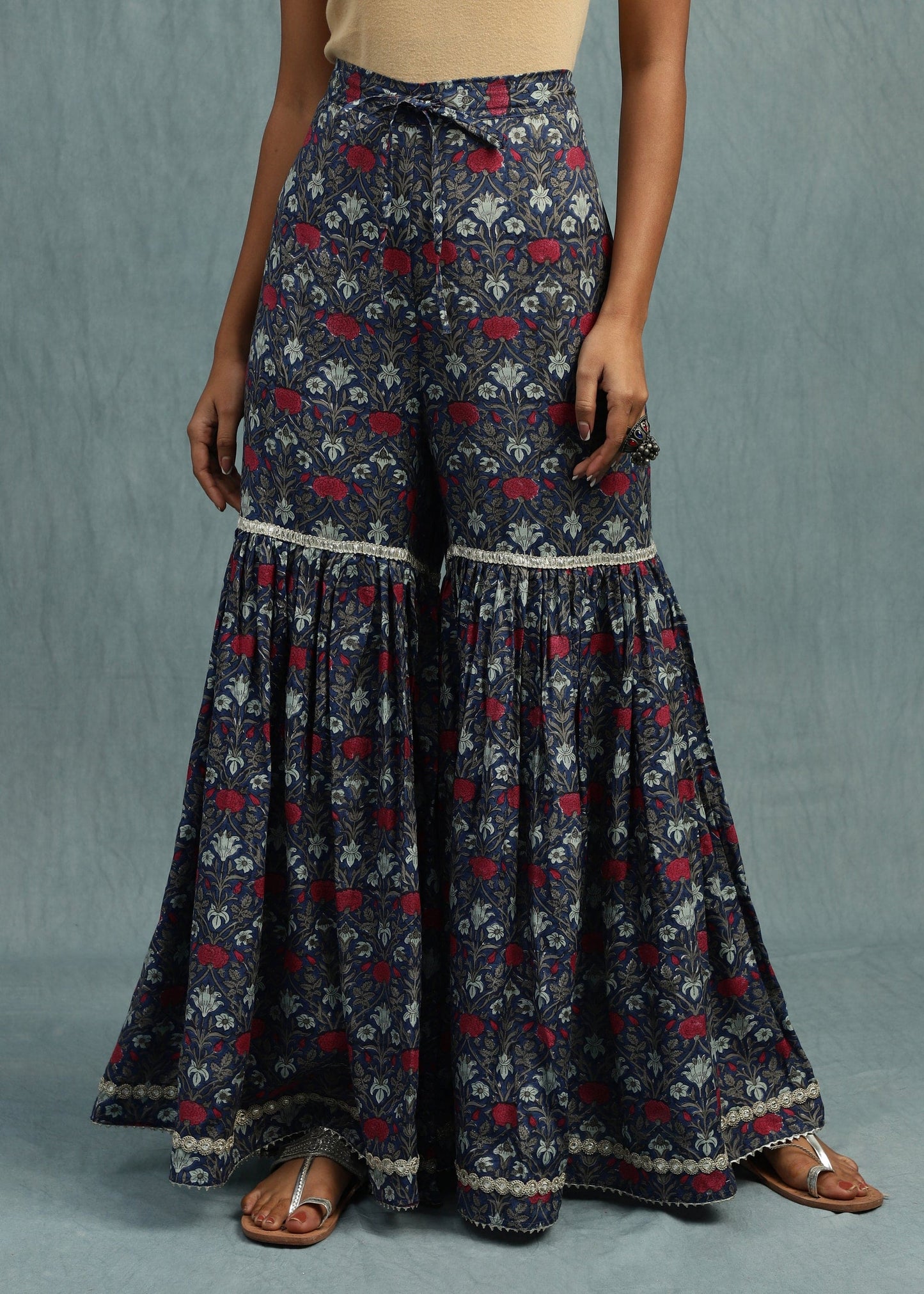 Indigo Marigold Jaal Cotton Silk Hand Block Printed Sharara- (3 Pcs Set)