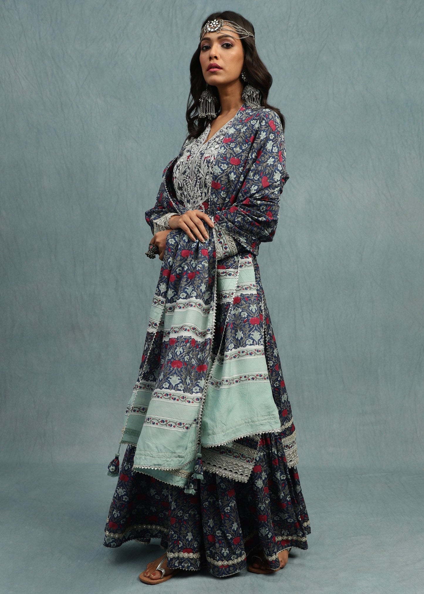 Indigo Marigold Jaal Cotton Silk Hand Block Printed Sharara- (3 Pcs Set)