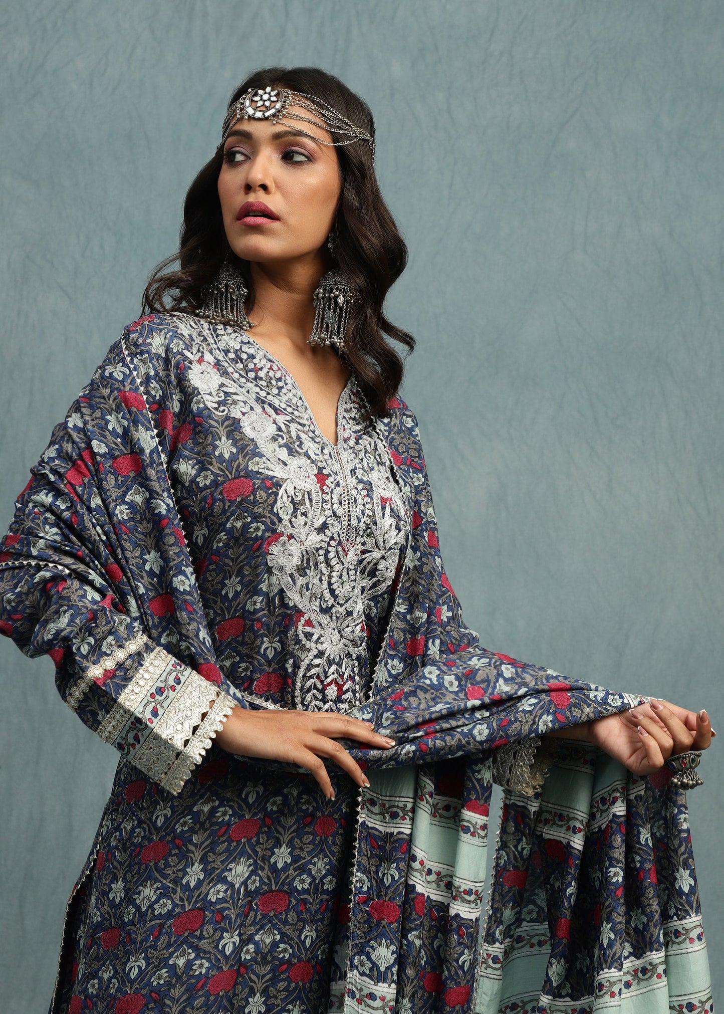 Indigo Marigold Jaal Cotton Silk Hand Block Printed Sharara- (3 Pcs Set)