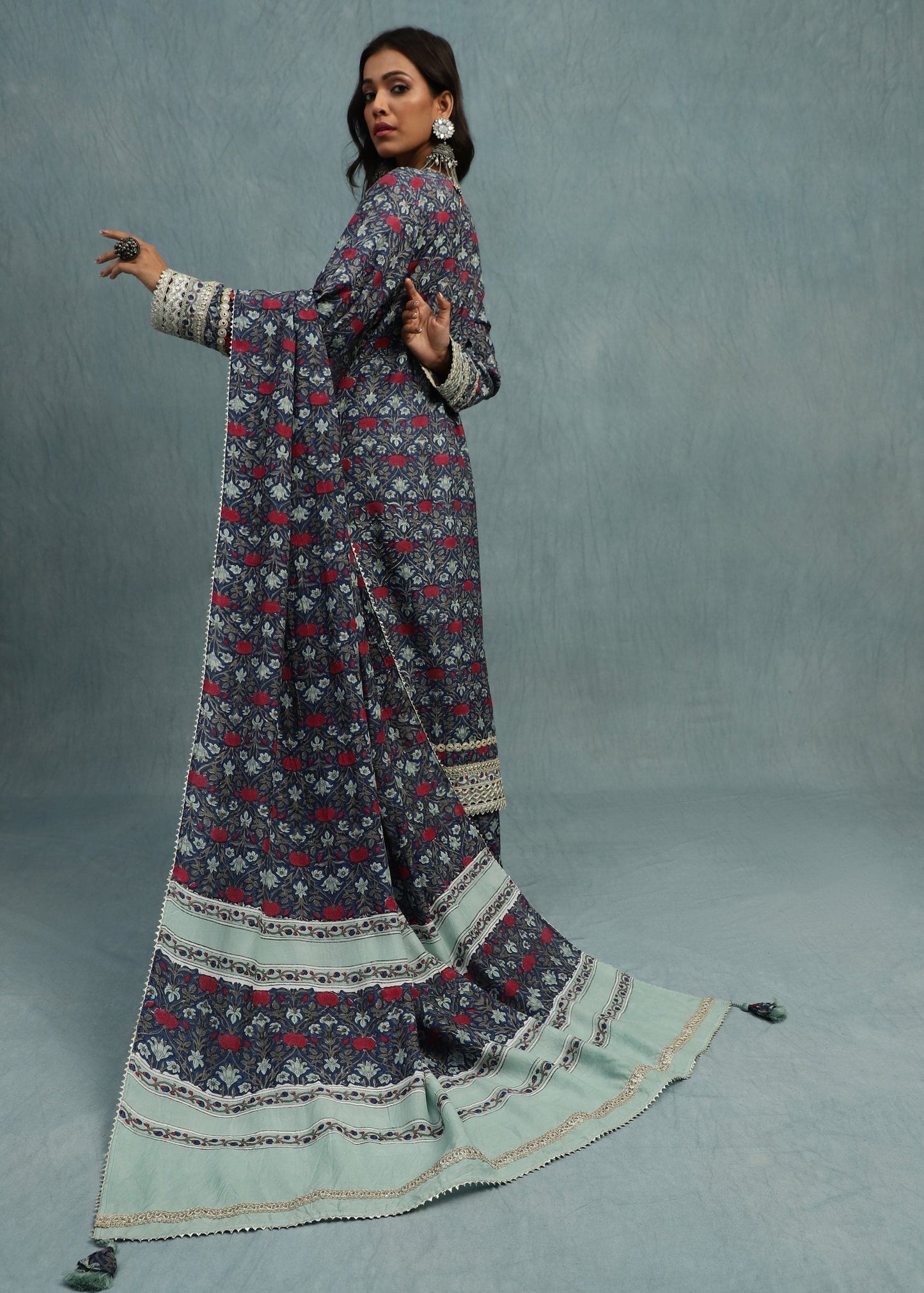 INDIGO MARIGOLD JAAL COTTON SILK HAND BLOCK PRINTED KURTA SET- (3 PCS SET)