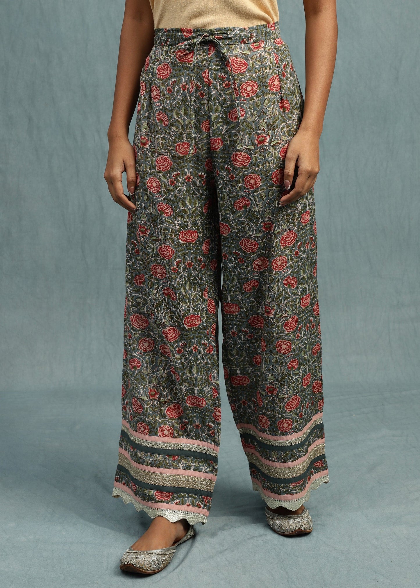 SLATE VELVET WITH ROSE JAAL KURTA SET- (3 PCS SET)