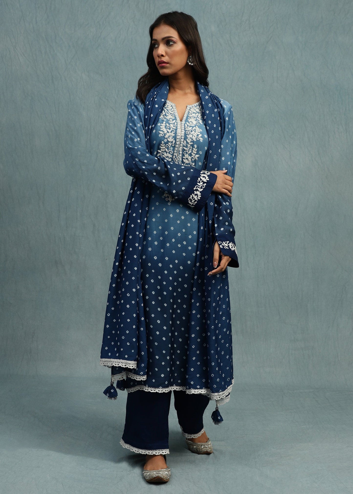 INDIGO BANDHINI COTTON SILK HAND DYED KURTA SET- (3 PCS SET)