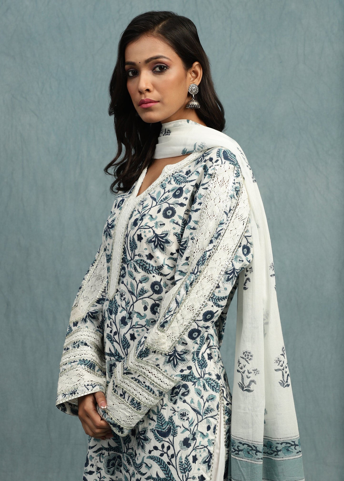 INDIGO CHINTZ JAAL ORGANIC COTTON HAND BLOCK PRINTED KURTA - (3 PCS SET)