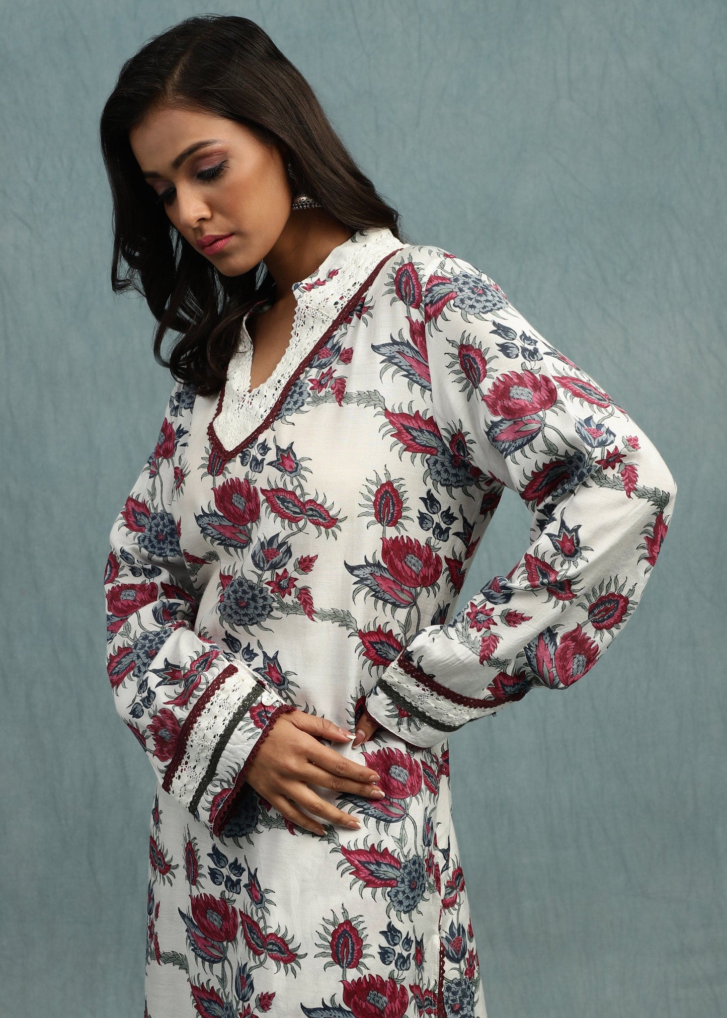 FLORAL CHINTZ COTTON SILK HAND BLOCK PRINTED TUNIC SET