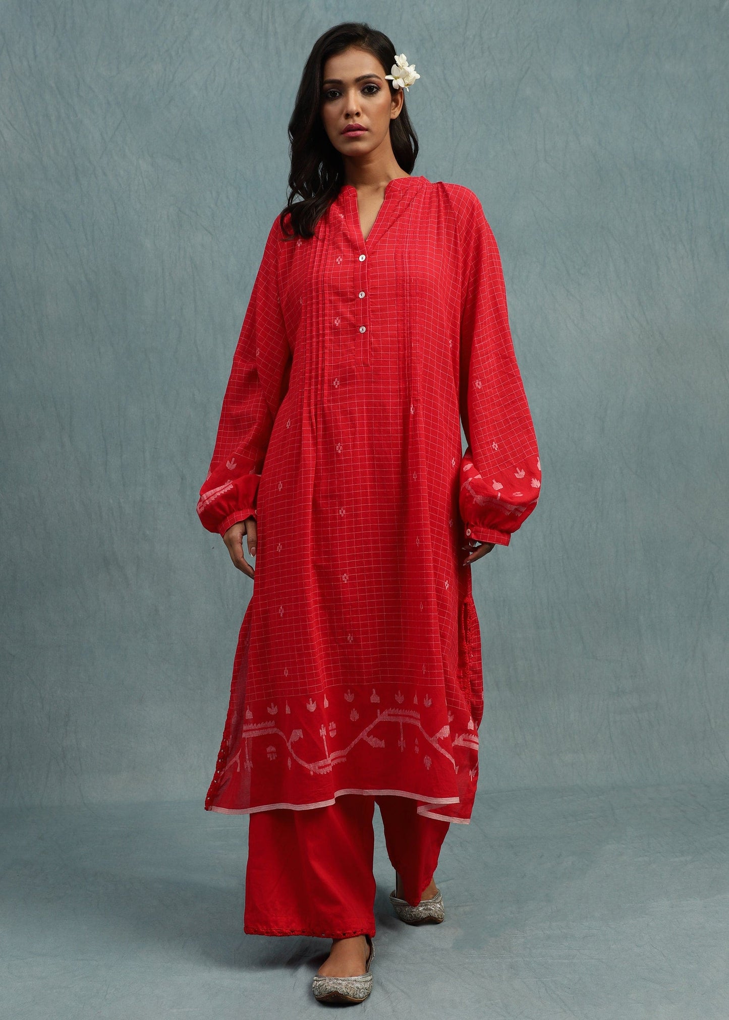 RED CHECK JAMDANI JAALI BORDER ORGANIC COTTON HAND WOVEN TUNIC SETS