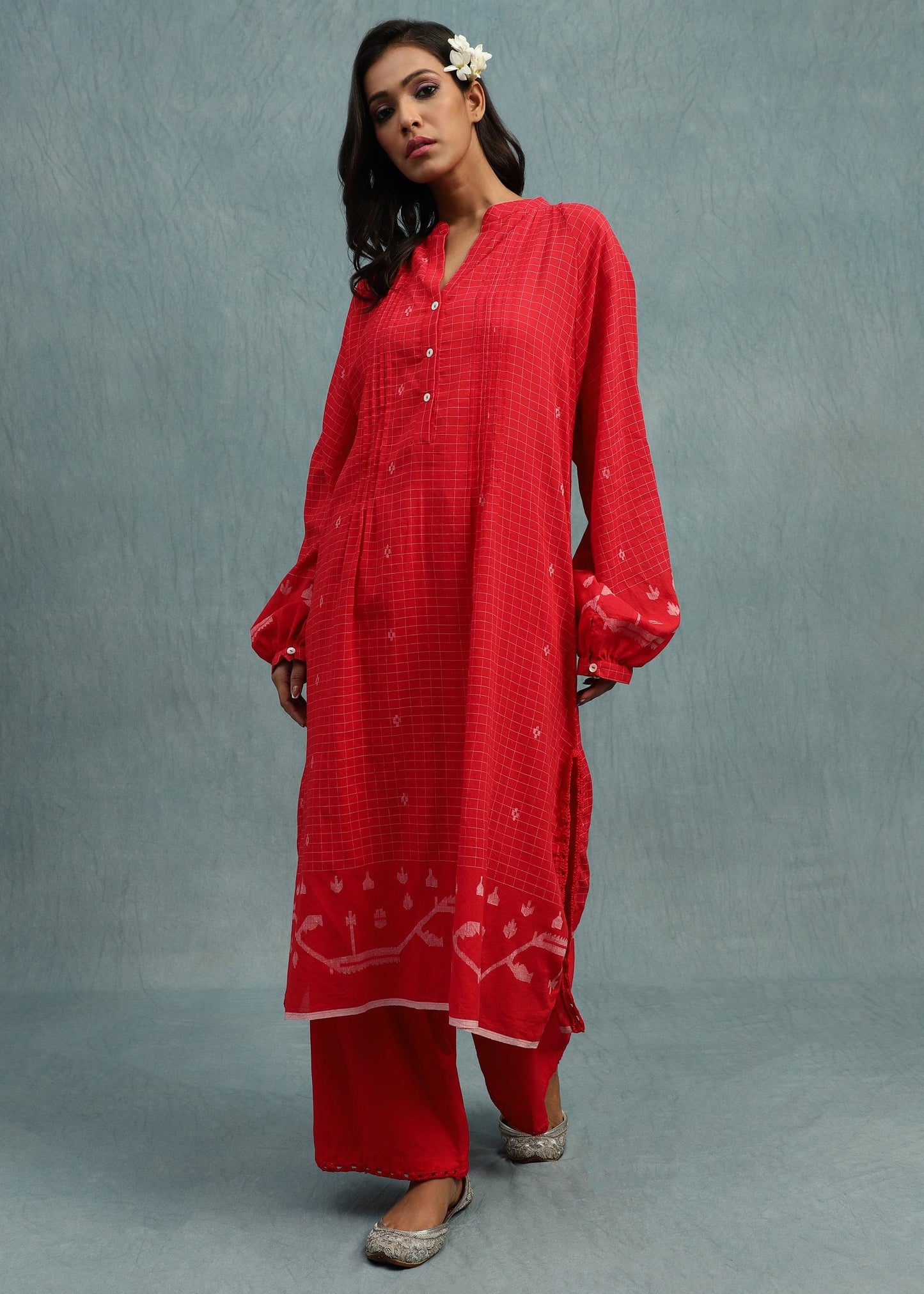 RED CHECK JAMDANI JAALI BORDER ORGANIC COTTON HAND WOVEN TUNIC SETS
