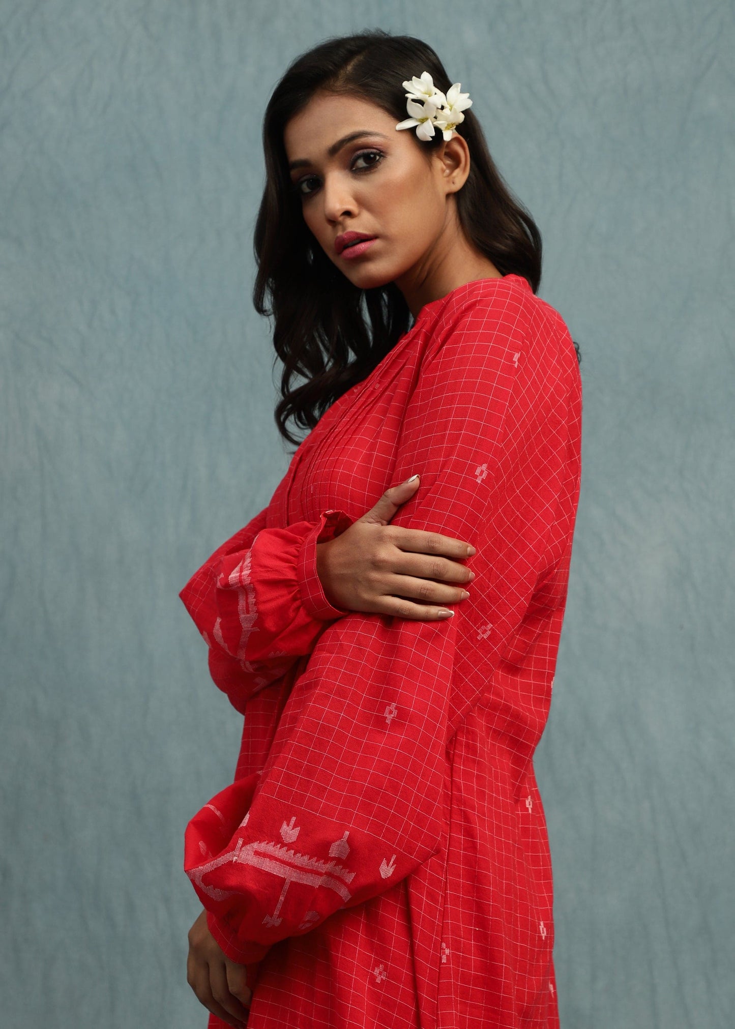 RED CHECK JAMDANI JAALI BORDER ORGANIC COTTON HAND WOVEN TUNIC SETS