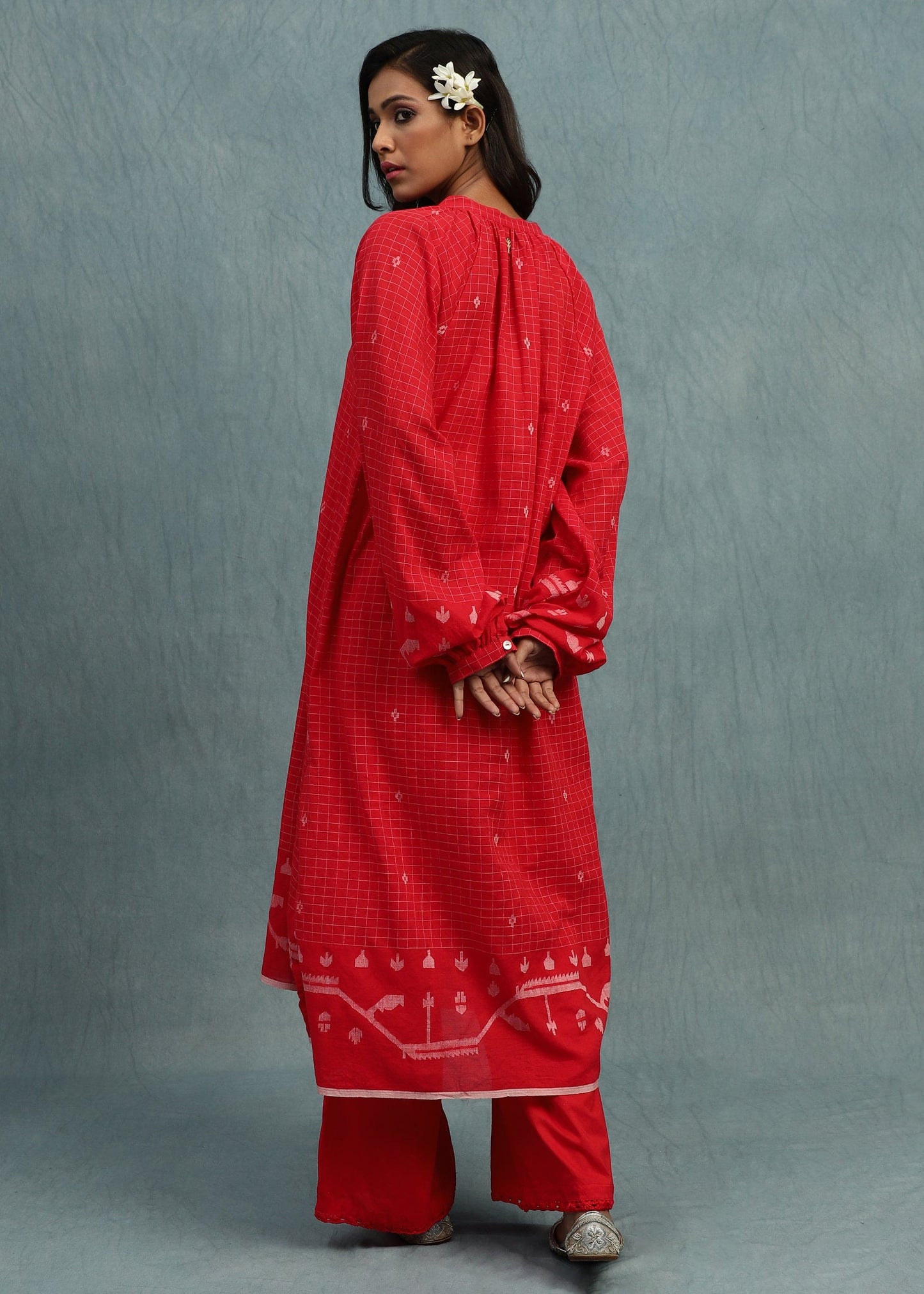 RED CHECK JAMDANI JAALI BORDER ORGANIC COTTON HAND WOVEN TUNIC SETS