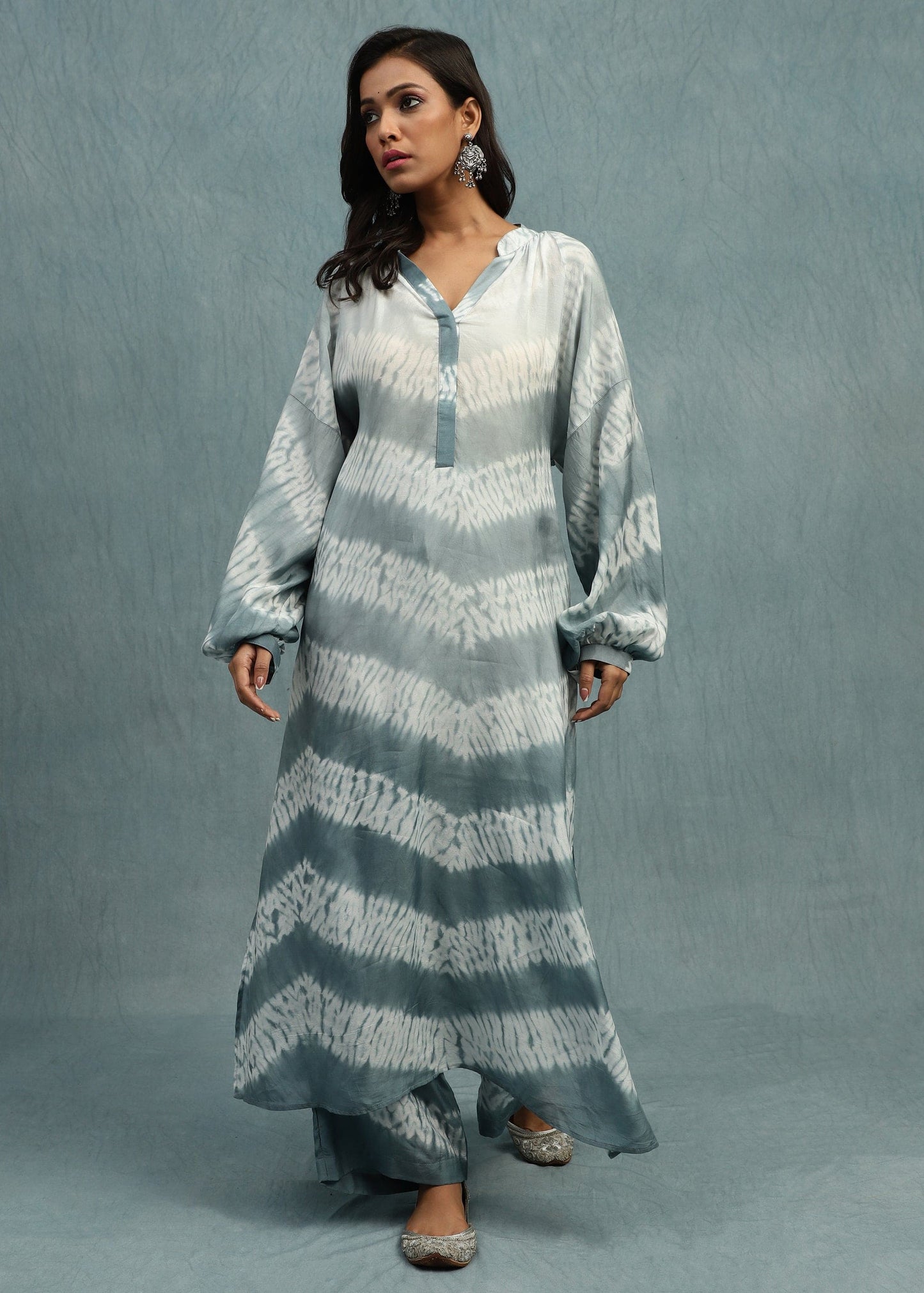 SHIBORI LIGHT INDIGO COTTON SILK TUNIC SET